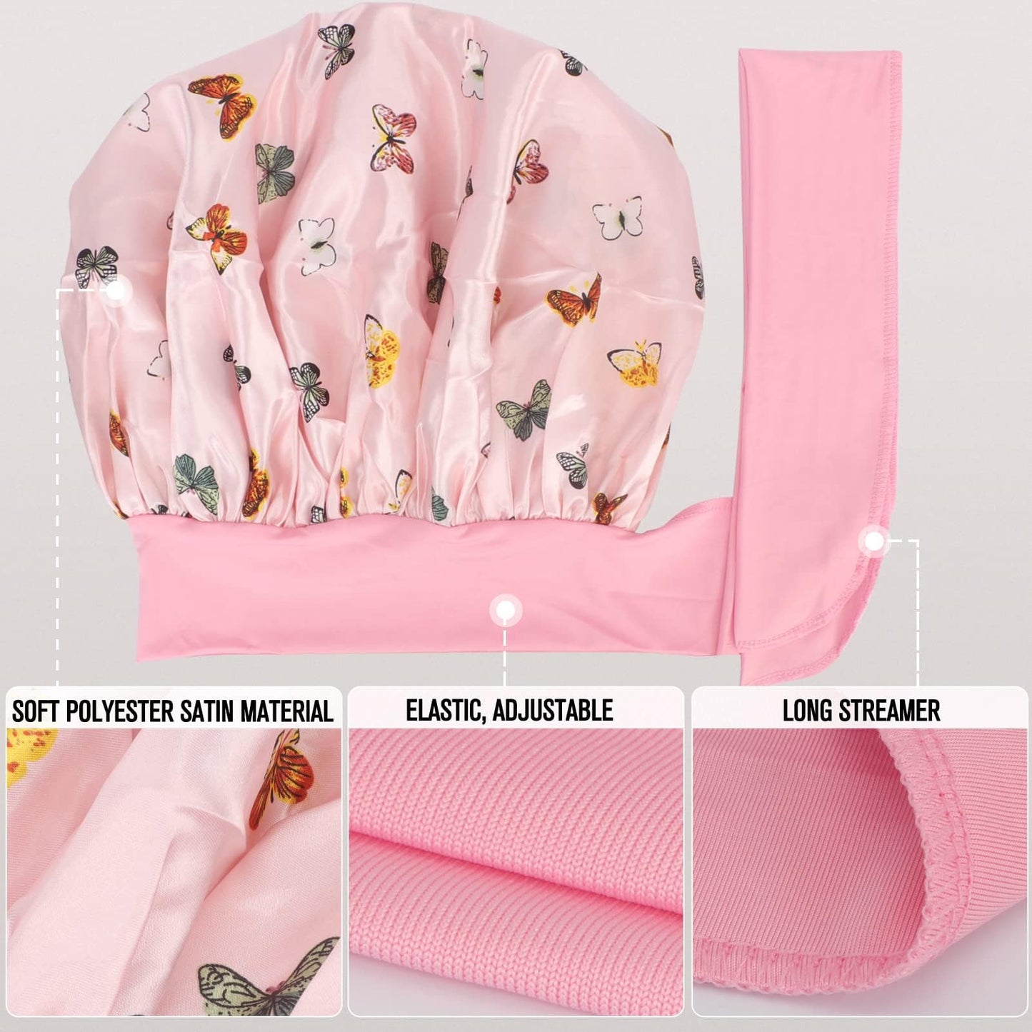 Arqumi Pack of 2 Satin Sleeping Bonnet, Large Satin Sleep Bonnet, Long Strap, Adjustable Sleep Cap Hair Bonnet with Butterfly Pattern, Black+Pink