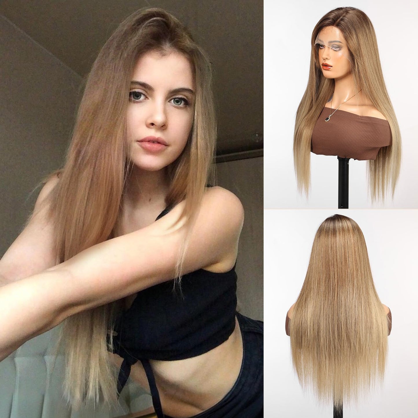 Getshow Long Light Brown Straight Lace Front Wigs Synthetic Wigs for Women