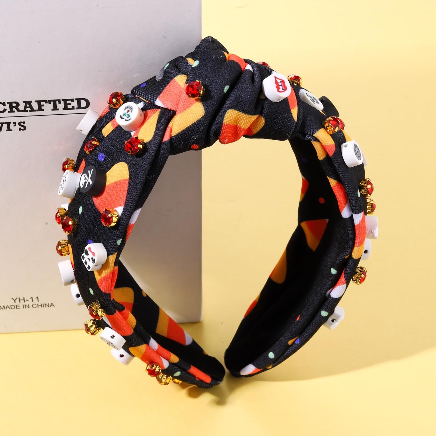 Halloween Headband Black Halloween Skull Candy Corn Print Wide Knotted Headband Accessories forWomen Rhinestone Bead Halloween Themed Charm Top Knot Headband Halloween Costume Party Hair Accessory
