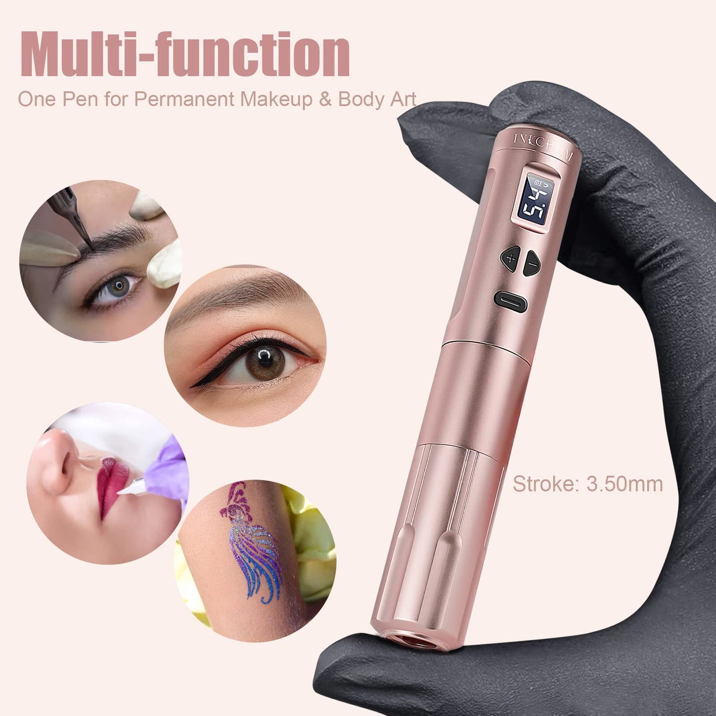 INKCHUM Microblading Supplies Wireless RCA Machine Pen with 2 Batteries Digital OLED Display 10W Coreless Motorfor Miroblading Shading Lining Eyeliner Lips(Rose Gold)