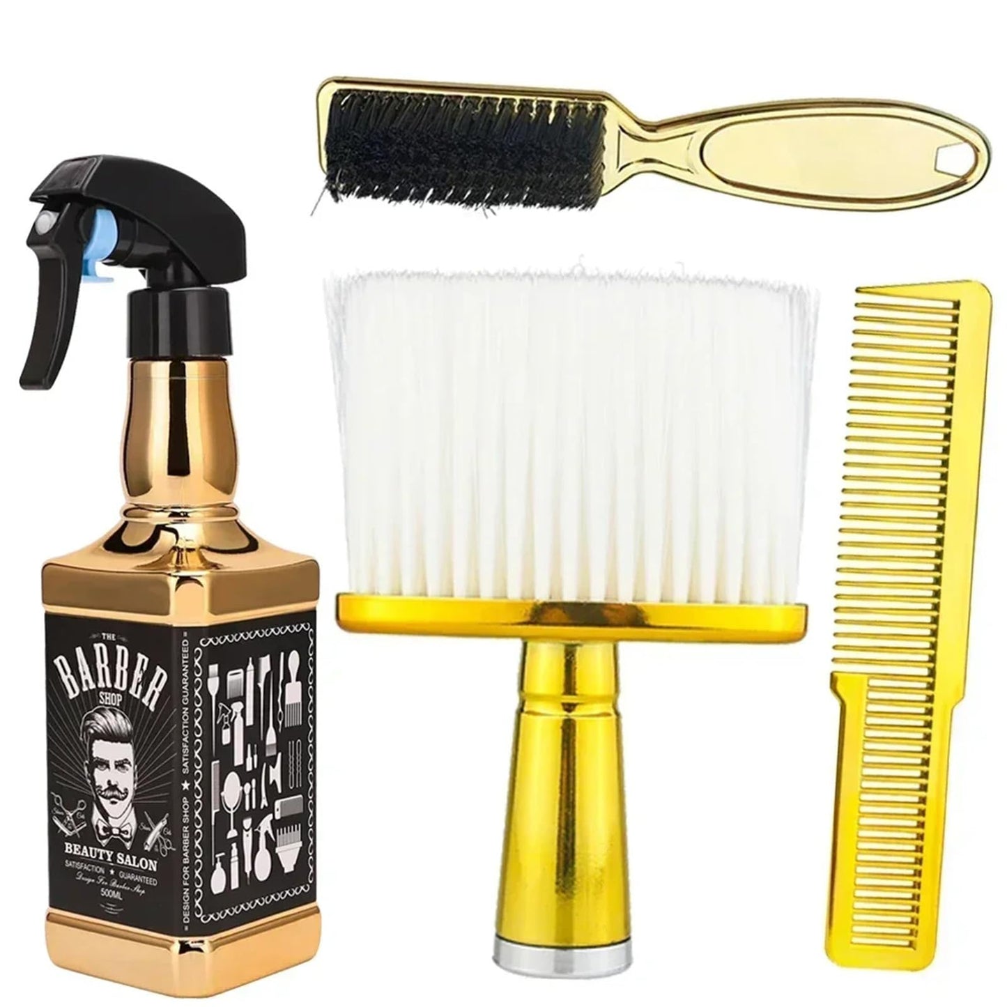 BARBERPLAN Hairdressing Styling Tools Set, 4 Pieces Including Spray Bottle, Barber Brush, Neck Duster, Hair Cutting Comb for Salon and Home Use (Gold)