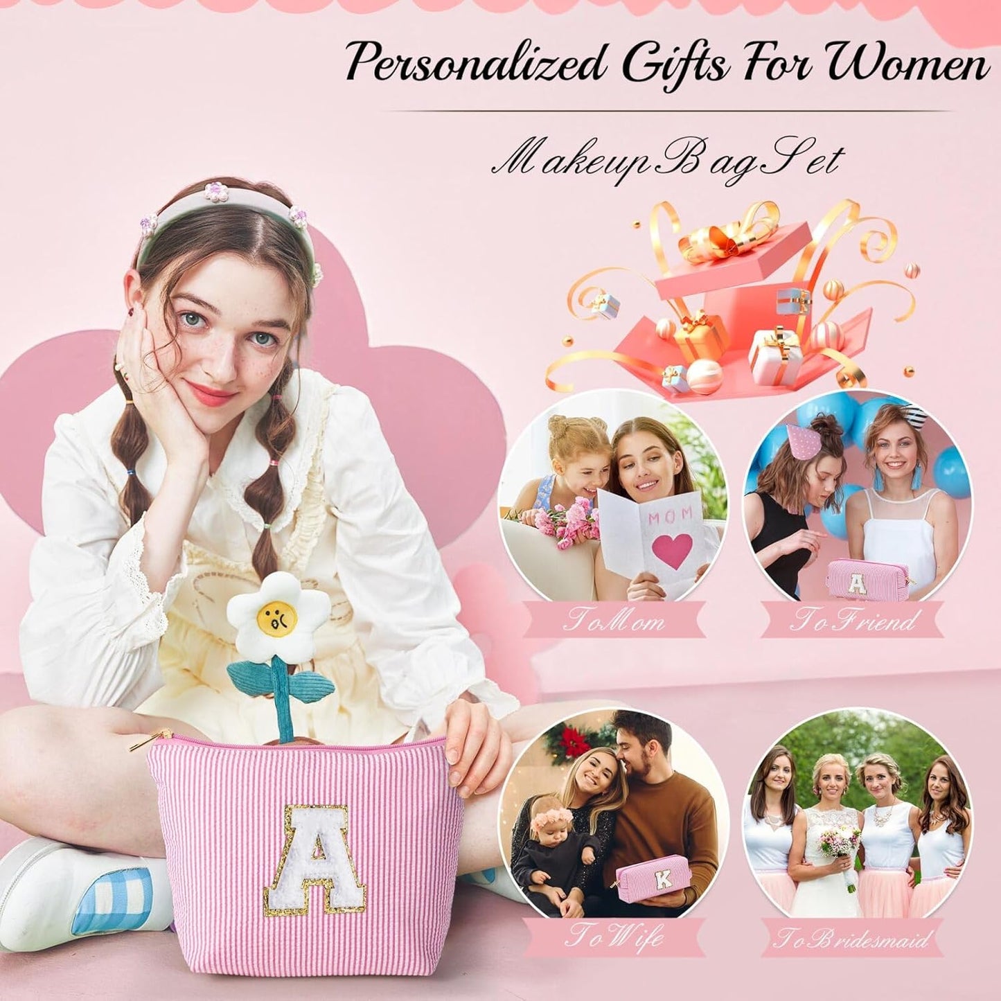 YOOLIFE Birthday Gift for Kids Teen Girls Gifts for Girls, Pink Makeup Bag Cosmetic Bag Daughter Sister Gifts Birthday for Women Teacher Gifts Preppy Makeup Bag Mothers Day Gifts L