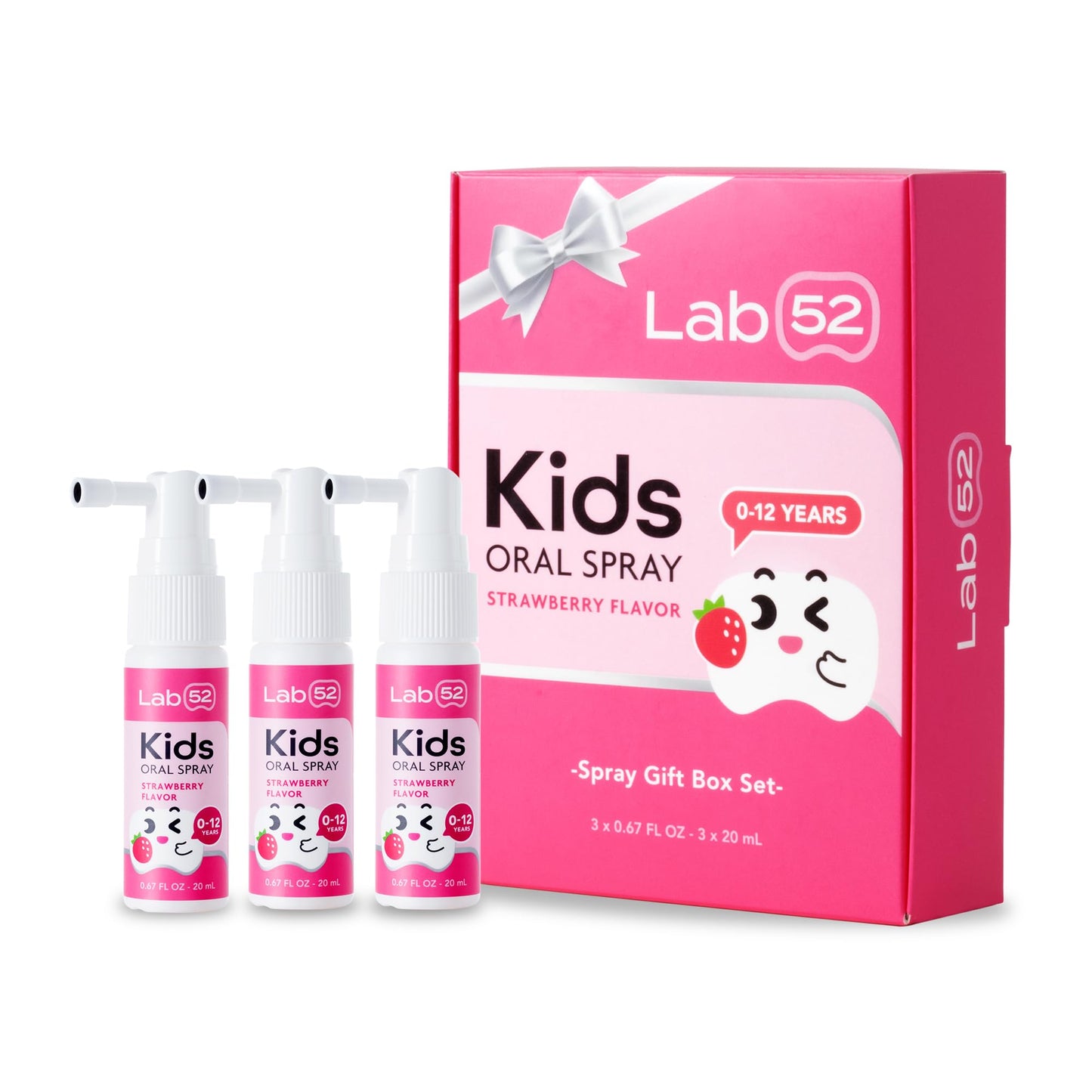 LAB52 Kids Oral Spray Gift Box, Toddler Toothpaste Helper for Cavity Repair and Fresh Breath, Children Anticavity with Fluoride Free for Newborn to Preschoolers, Xylitol Strawberry Flavor (3 Packs)