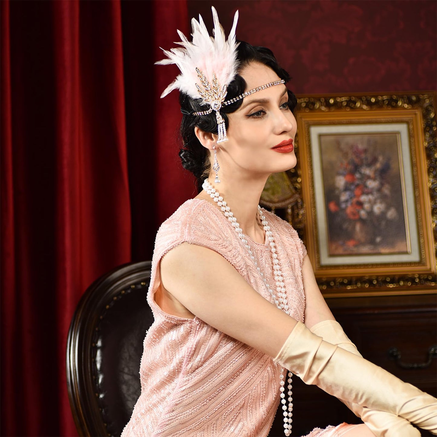 VENOFEN 1920s Flapper Headpiece Pink Feather Gatsby Headband Great Gatsby Headpiece Roaring 20s Feather Headpiece Pearl Tassel 20s Accessories for Women and Girls