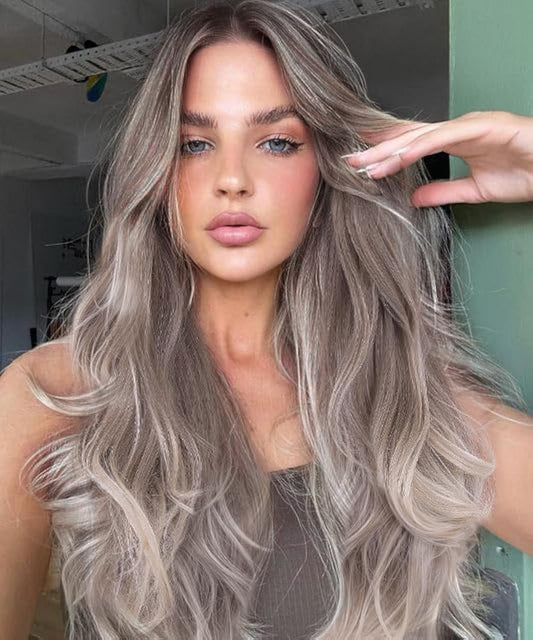 EALGA Ash Brown Wigs for Women, Ombre Silver Blonde Hair Lace Front Wig with Brown Roots, Natural Wavy Glueless Wig 22 inch Middle Part EALGA-081-NEW