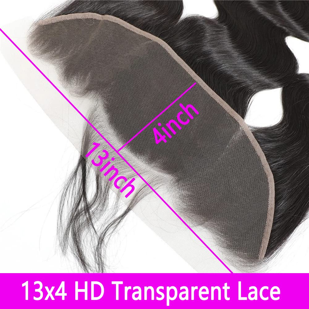 Ear To Ear 13x4 Transparent HD Lace Frontal Human Hair Brazilian Virgin Body Wave Lace Closures Human Hair With Baby Hair Free Part Pre Plucked Hairline 130% Density Brazilian Human Hair