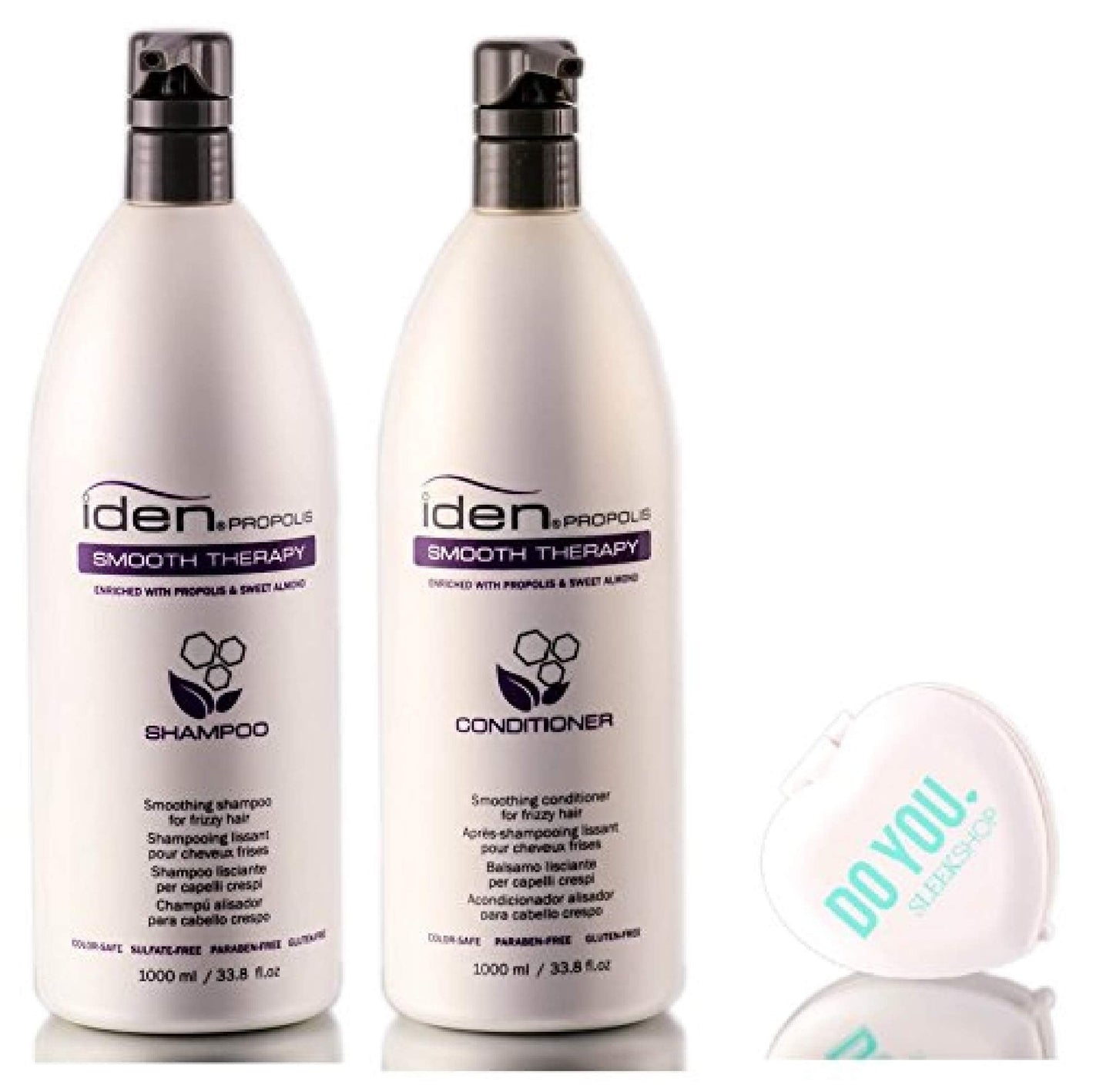 Iden Bee Propolis SMOOTH THERAPY Shampoo & Conditioner DUO Set (with Sleek Compact Mirror) (33.8 oz / 1000ml - Large Liter DUO Kit)