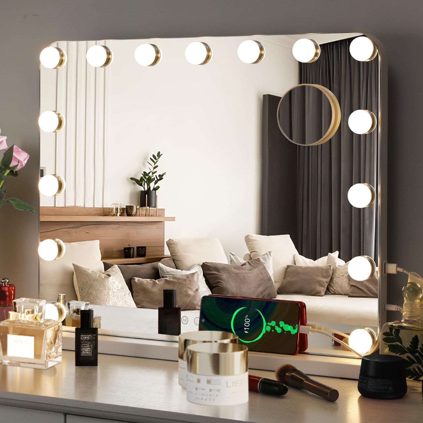 MAMIZO Hollywood Vanity Mirror with Light, Makeup Mirror with Dimmer LED, Lighted Vanity Mirror w/USB, 3 Light Colors, Touch Control 10X Magning,Tabletop/Wall-Mounted (22.8'')