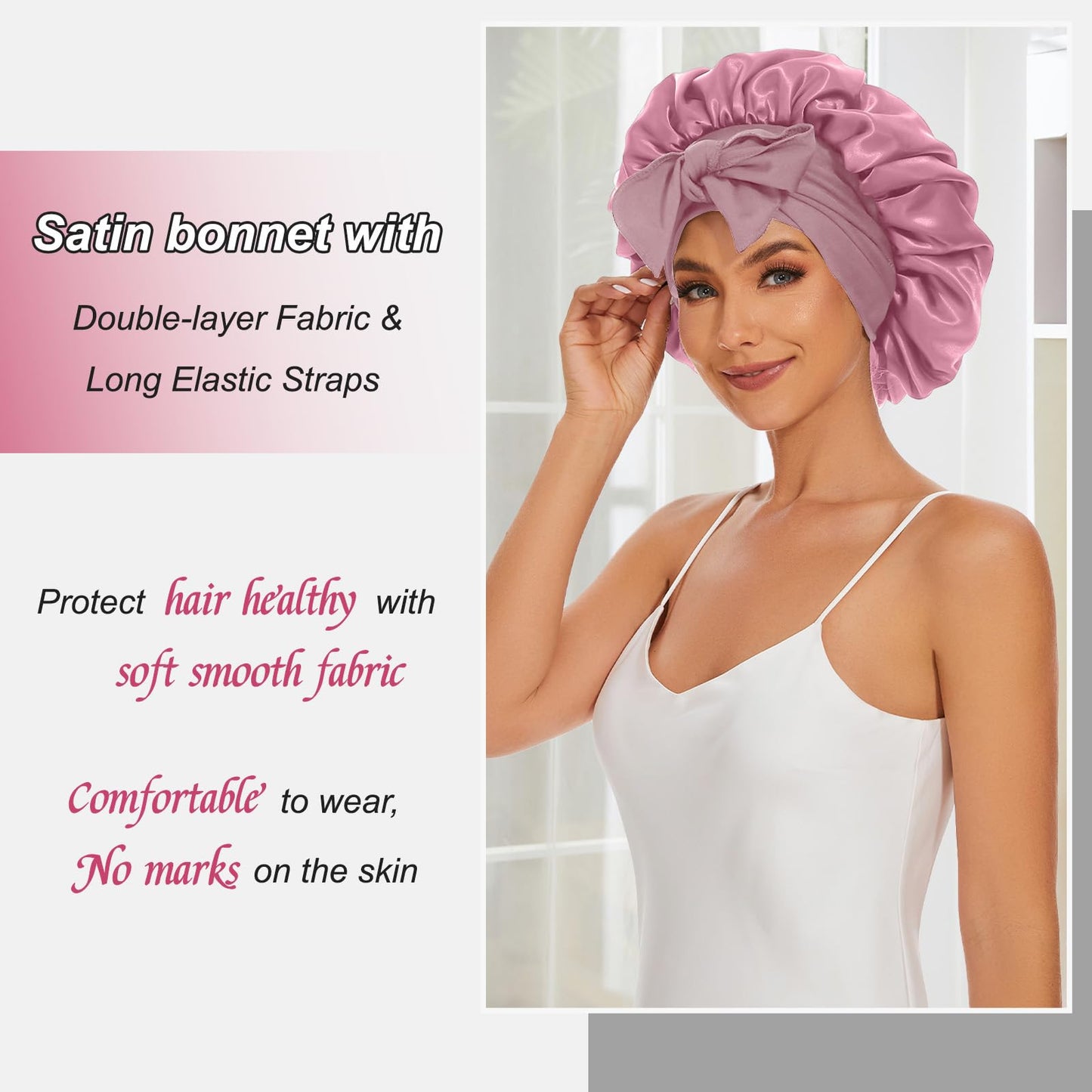 Satin Silk Bonnet Hair Bonnet for Sleeping Jumbo Sleep Cap, Bonnet for Women Curly Hair, Double Layer Bonnet with Tie Band, Shower Cap-Pink