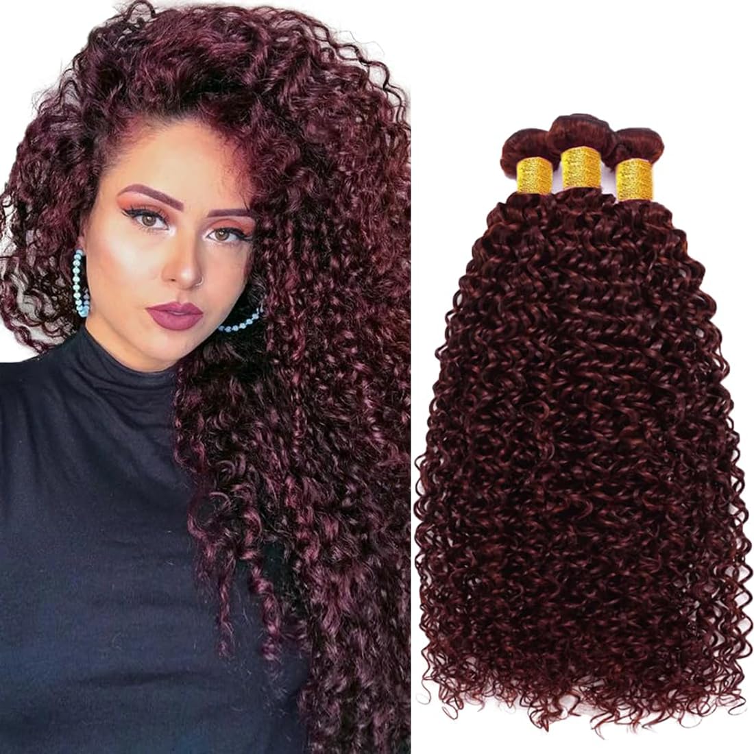 HeioWuio #99j Curly Wave Human Hair Bundles Burgundy Brazilian Remy Human Hair Weaves For Women Grade 8A Hair Extensions Red Bundles Unprocessed Virgin Hair Bundles 8 10 12 Inch