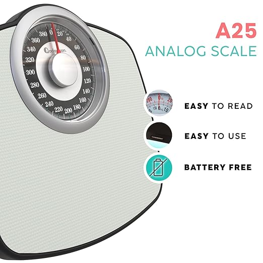 Adamson A25 Scales for Body Weight - Up to 400 LB - 5.3" Dial on 12.4" x 10.2" Platform - Anti-Skid Rubber Surface - High Precision Bathroom Scale Analog - Durable with 20-Year Assurance - Grey