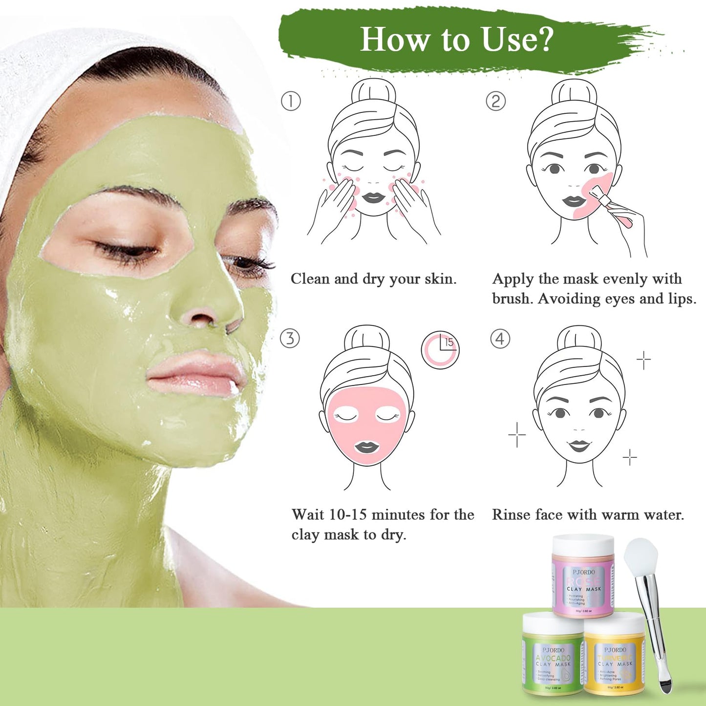 Pjordo Clay Mask Kit, Turmeric Vitamin C Clay Mask, Avocado Clay Mask, Rose Clay Mask, Facial Mask Skin Care Set for Deep Cleansing Reduce Blackheads Dark Spots, 2.82 Oz Each