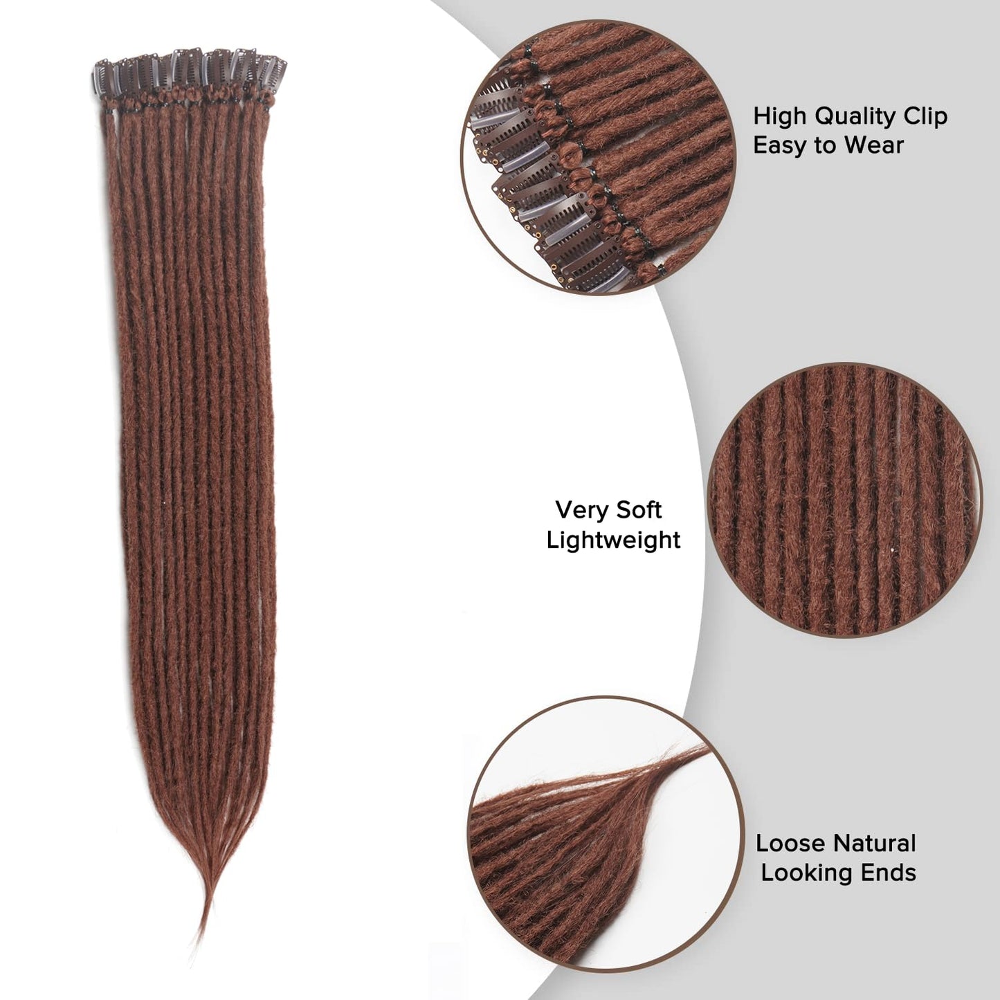Kyriena 24 Inch Dreadlock Extensions Clip In, 6PCS Thin 0.6cm Width Medium Auburn Synthetic Clip In Dreads Hair Extensions Reggae Style Single Ended Dreadlock for Woman