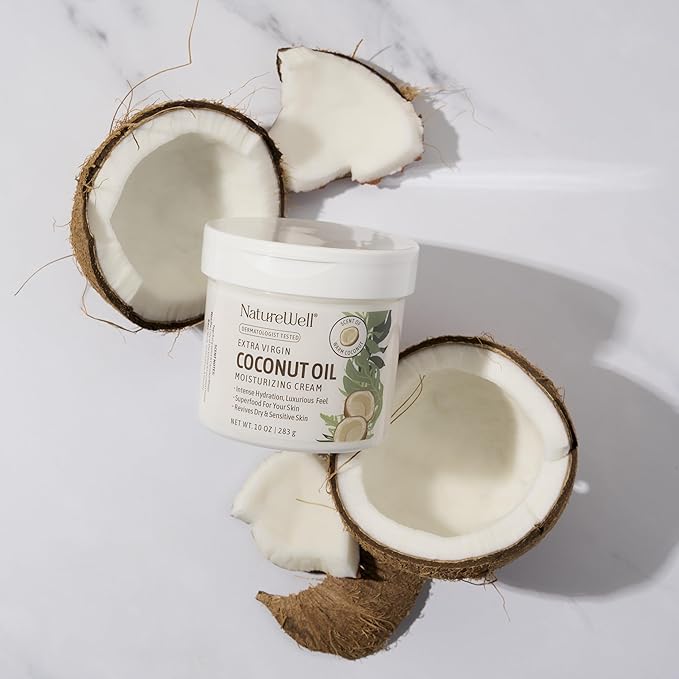 NATURE WELL Hydrate & Soften Coconut Oil Moisturizing Cream for Face, Body, & Hands, Non-Greasy, Intense Hydration & Luxurious Feel, Revives Dry & Sensitive Skin, 10 Oz
