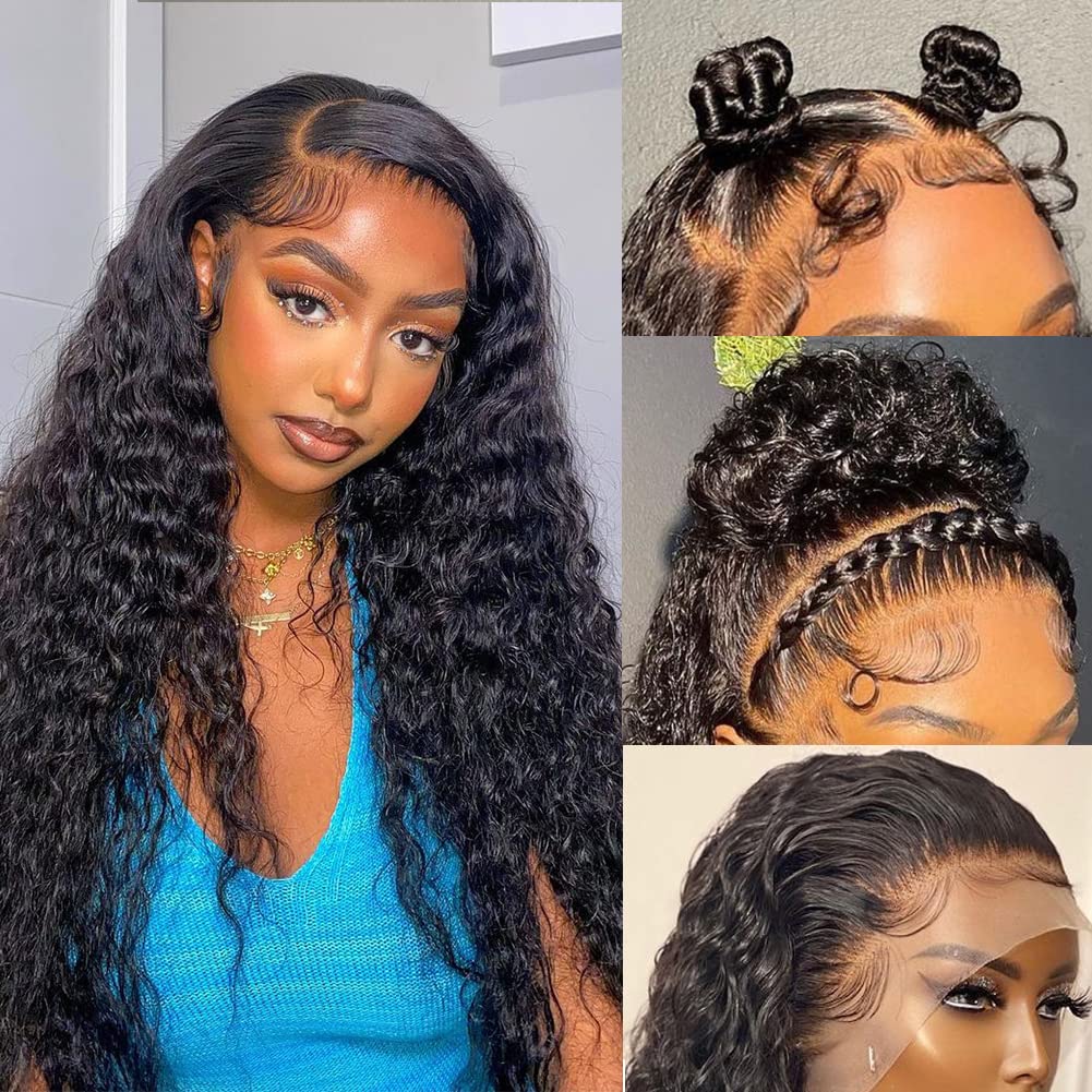 JADEFLO Deep Wave Lace Front Wig Human Hair 13x4 HD Transparent Lace Frontal Wigs for Black Women Human Hair 180% Density Glueless Lace Front Wigs Pre Plucked with Baby Hair (18 Inch)