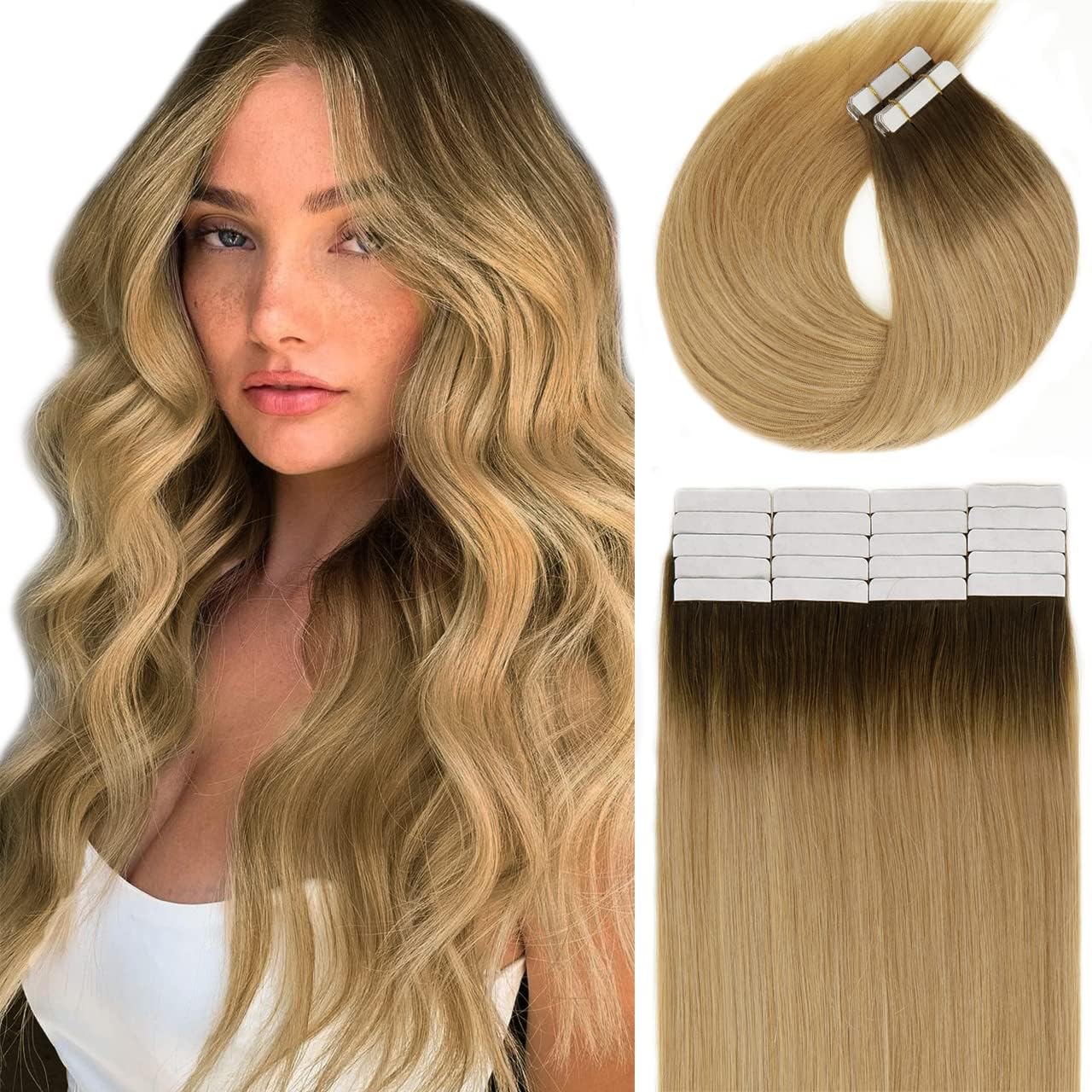 LacerHair Tape in Human Hair Extensions 16 Inch 50g Balayage #4 Dark Brown Fading to #18 Dark Ash Blonde 20pcs 50g Invisible Double Sided Seamless Skin Weft Real Remy Human Hair Extensions Tape in