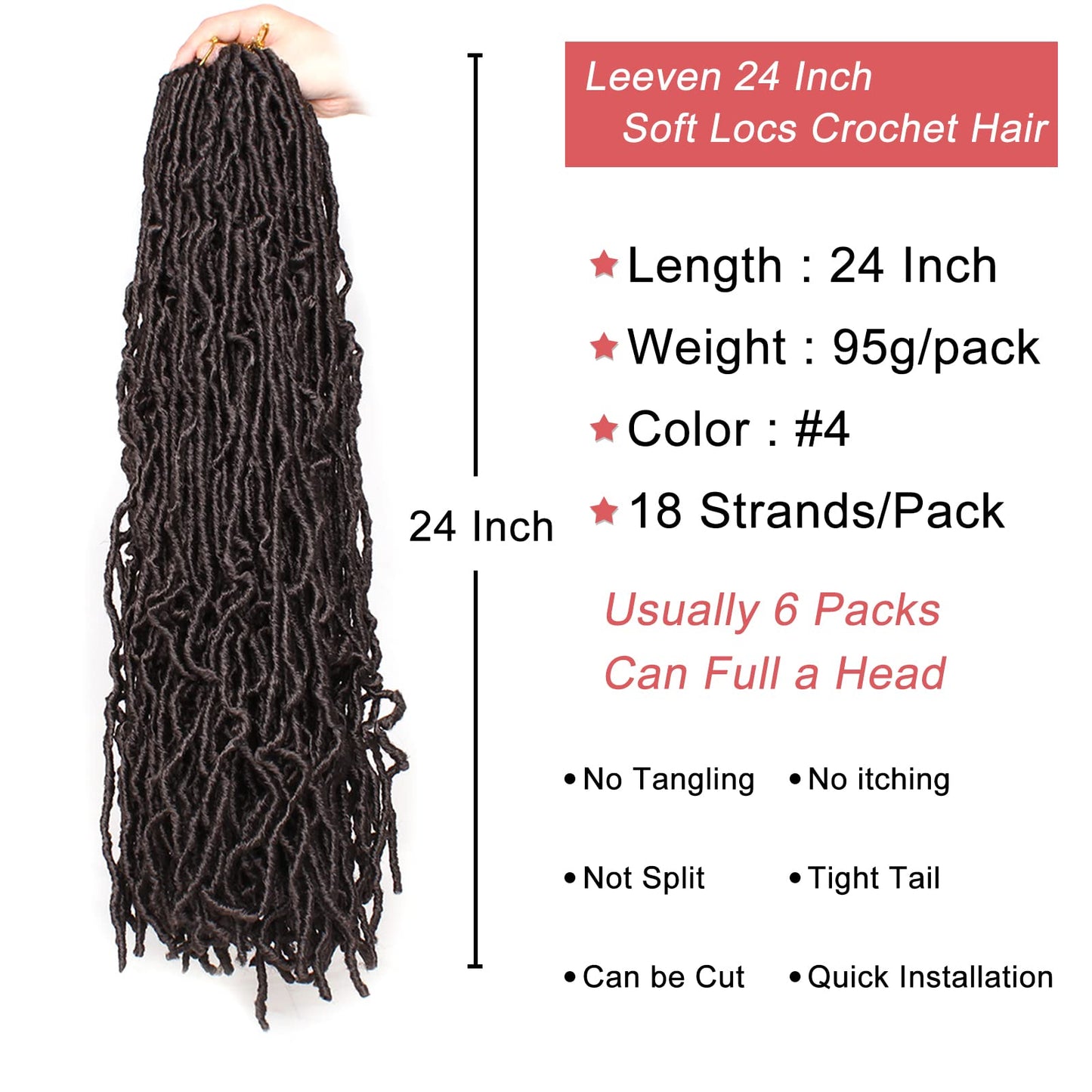 Leeven New Faux Locs Crochet Hair 24 Inch Distressed Soft Locs 3 Packs Chocolate Brown Natural Butterfly Locs Boho Goddess Crochet Locs Pre Looped Curly Synthetic Hair for Black Women #4
