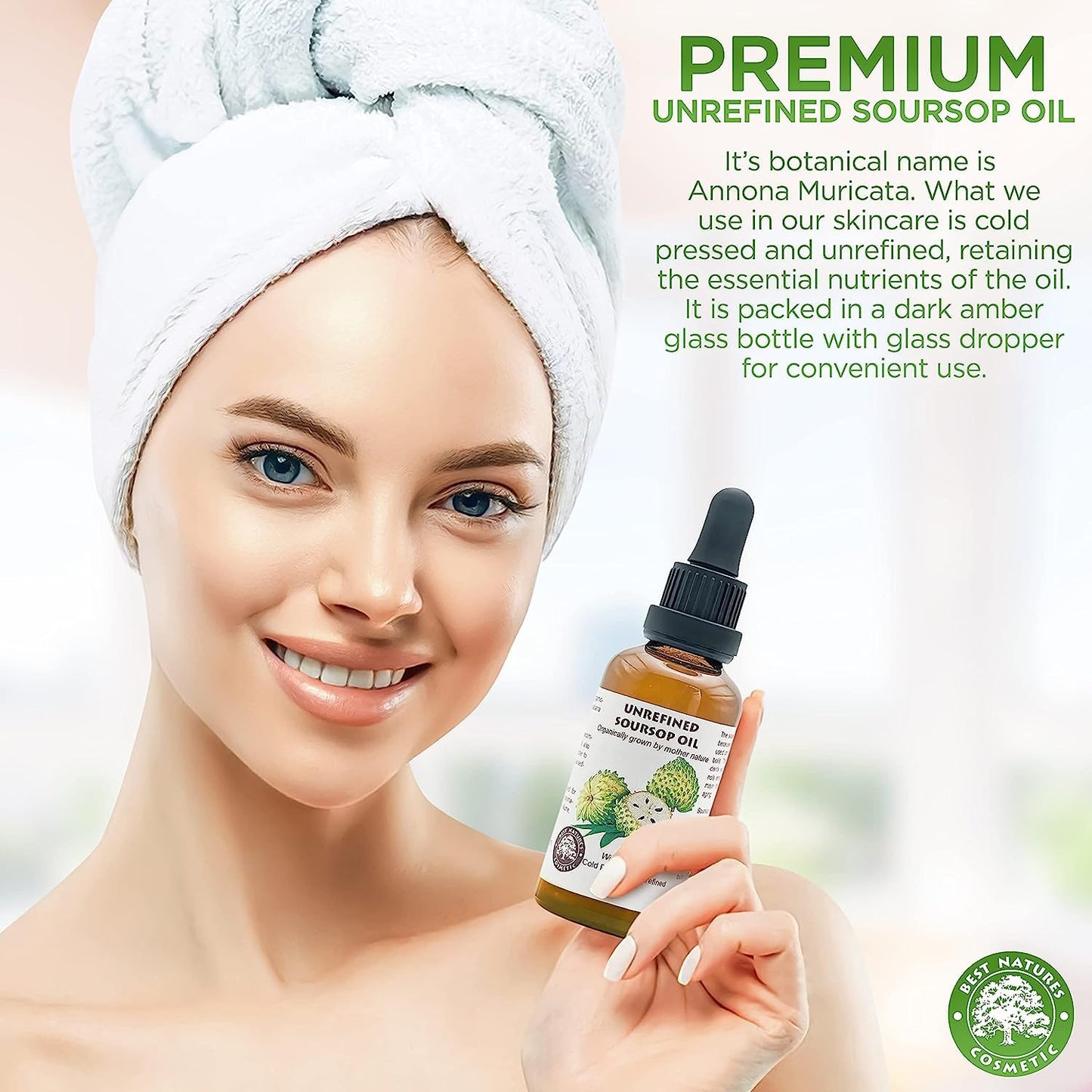 Best Nature's Cosmetics Virgin Soursop Graviola Guanabana Oil (Organic, Undiluted, Unrefined) 2oz / 60 ml – Natural Moisturizer for Dry and Damaged Skin.