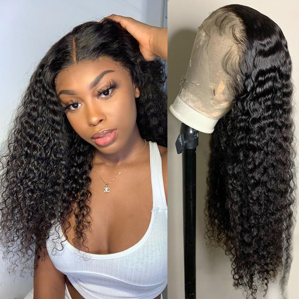 Lace Front Wigs Human Hair 13x4 HD Transparent Deep Wave Human Hair Lace Front Wigs for Women 180% Density Lace Front Wig Pre Plucked with Baby Hair Deep Curly Lace Frontal Wig Human Hair(22inch)