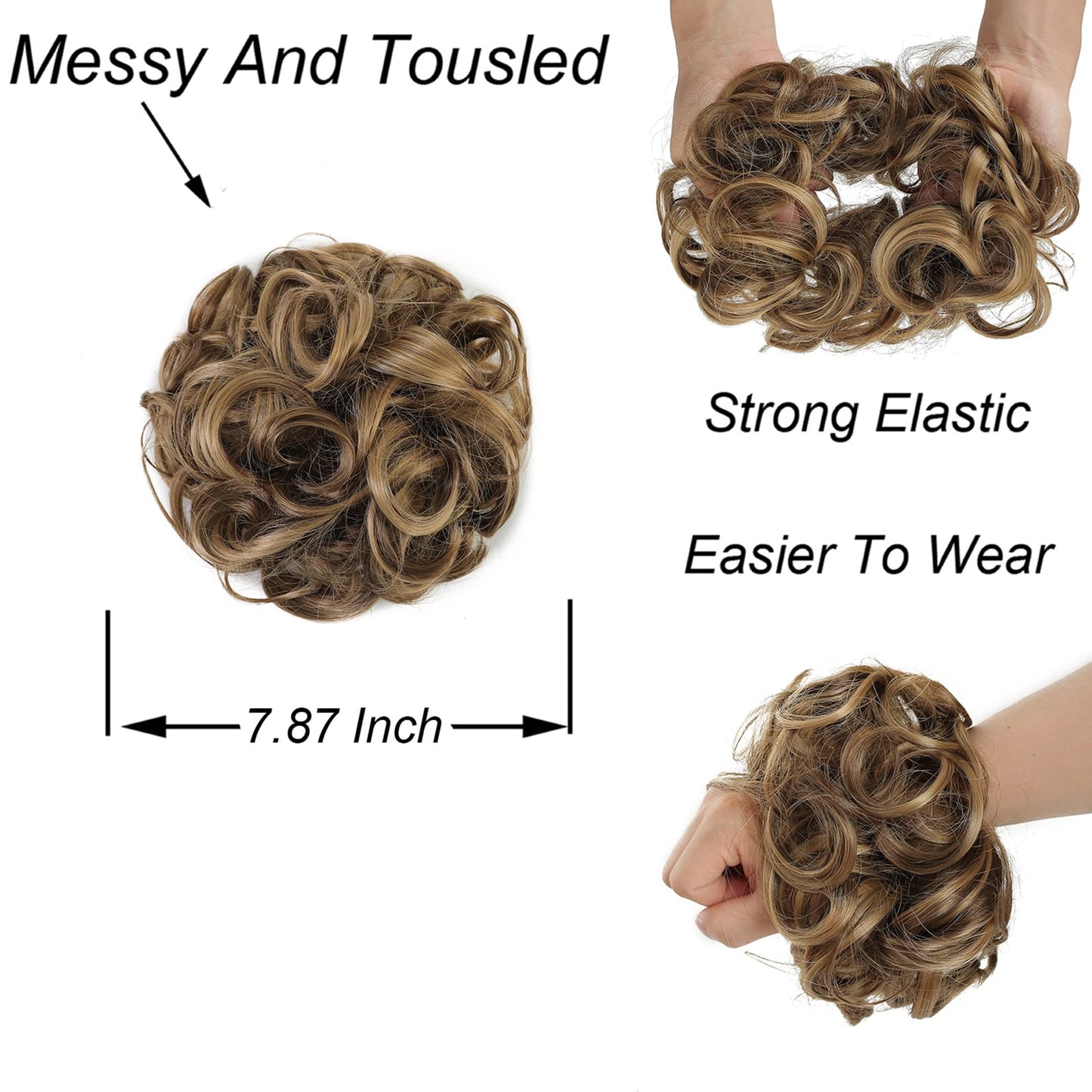 Elaine Big Messy Bun Extension Curly Hair Buns Hair Pieces for Women Synthetic Wavy Large Scrunchies Thick Updo Ponytail (Medium Ash Brown & Light Ash Blonde Highlights -#83A)