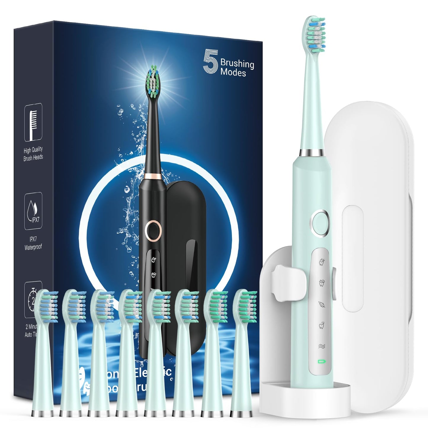 Rtauys M5 Sonic Electric Toothbrush for Adults and Kids - Rechargeable Electric Toothbrush Kids Ages 12+ and Adults with 8 Brush Heads & Travel Case, 120 Days Battery Life - Light Green