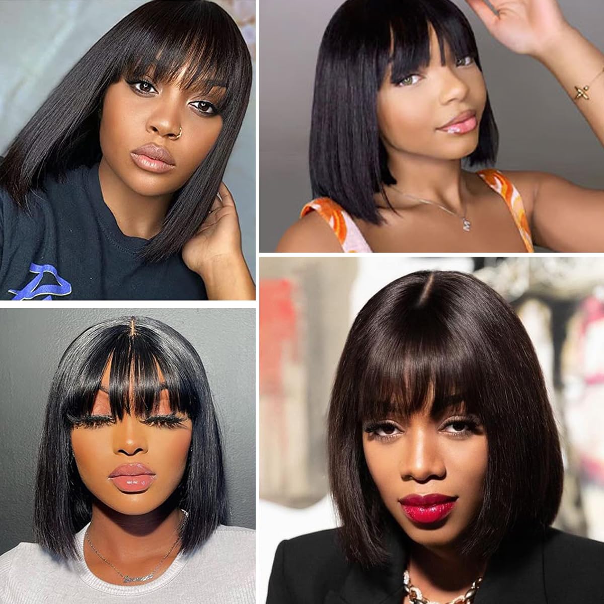 Natural Straight Bob Wig With Bangs Human Hair, Wear and Go 3X2 HD Lace Glueless Human Hair Bob Wigs With Bangs For Women 180% Density Medium Length Black Bob Wigs With Bangs (14 Inch, Natural Black)