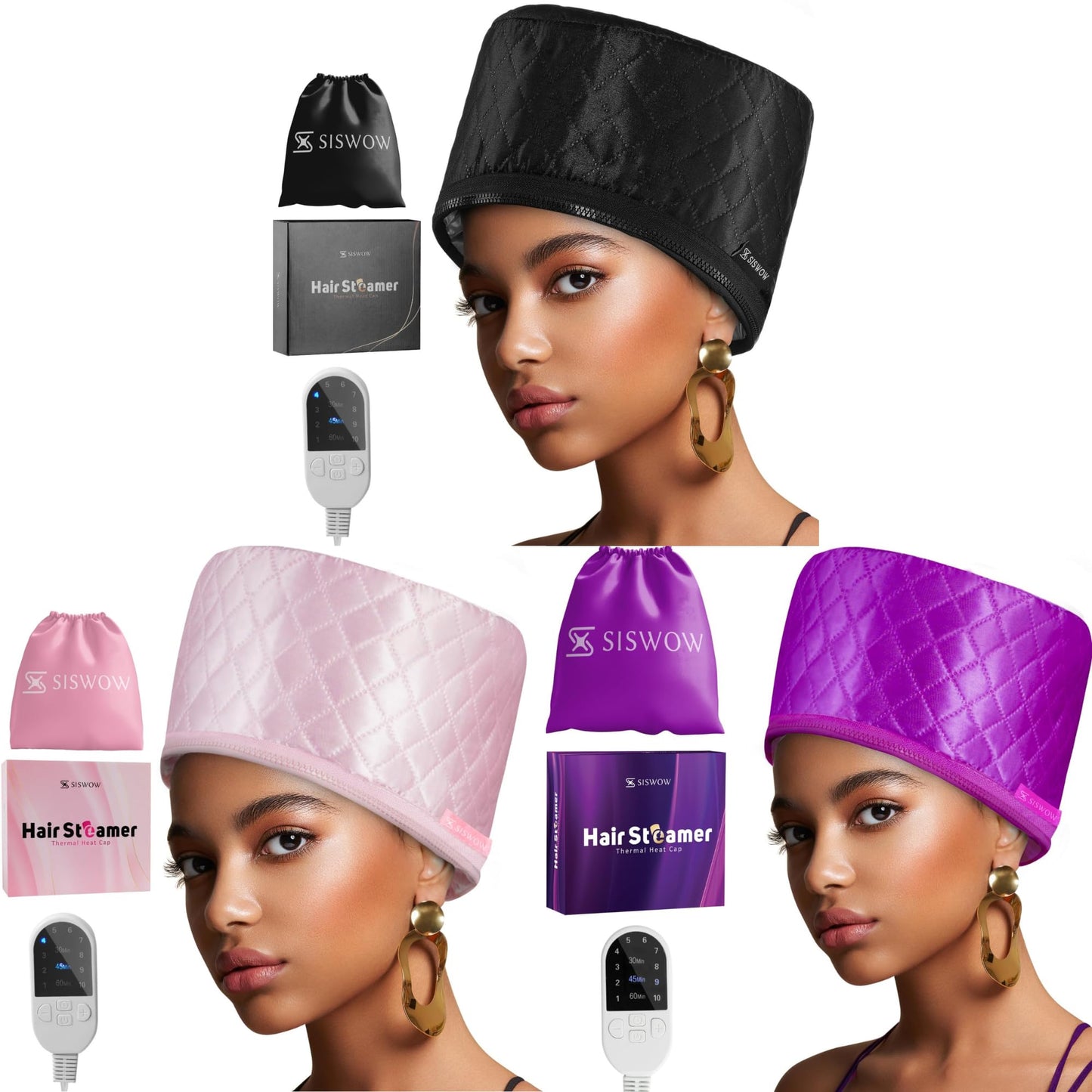 Hair Steamer For Natural Hair Home Use w/10-level Heats Up Quickly, Heat Cap For Deep Conditioning - Thermal Steam Cap For Black Hair, Great For Deep Conditioner - Set of 3