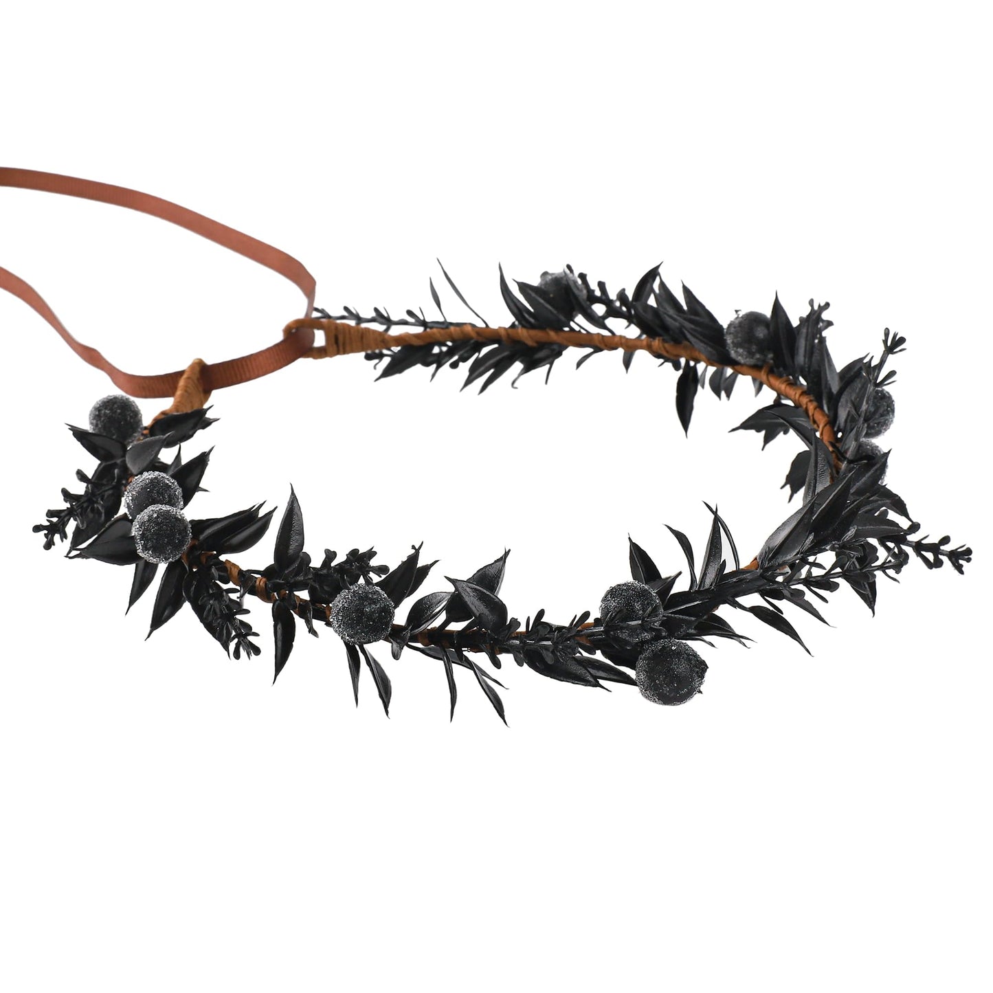 KorViSHOW Handmade Black Flower Crown - Adjustable Black Floral Headband Renaissance Hair Accessories Elf Headpiece Boho Garland for Women Girls Renaissance Festival Photography Props