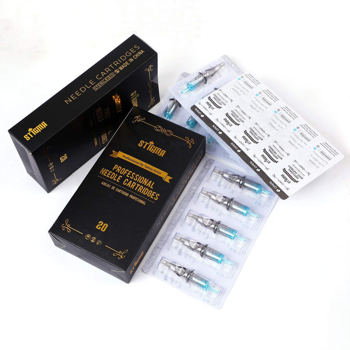 STIGMA Aquamarine Knight Tattoo Cartridges #10(9RS) 20Pcs Round Shader 0.3mm Bugpin X-Taper Disposable Tattoo Needle Cartridges with Membrane EN02B-20-1009RS
