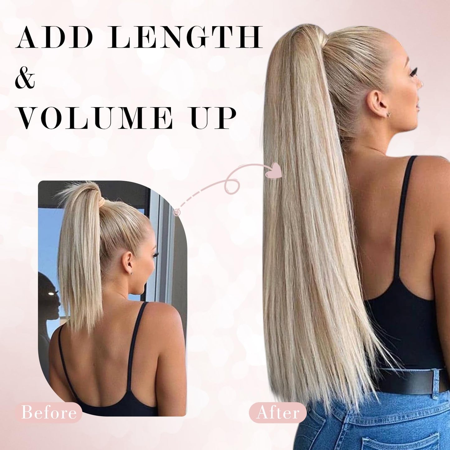 SEGO Pro Ponytail Extensions Human Hair Long Ponytail Hair Extensions with Magic Paste Wrap Around Clip in Ponytail Extensions Real Human Hair,16inch #18P613 Gold Blonde Mixed Bleach Blonde,80g