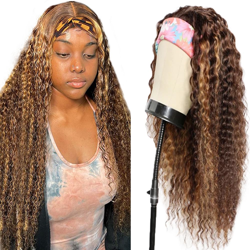 YiweYowe 30 Inch Ombre Blonde Headband Wig Human Hair P4/27 Highlight Honey Blonde Curly Wave Wig None Lace Wig Grade 8A Brazilian Remy Hair 150% Density Full Head Machine Made Half Wigs