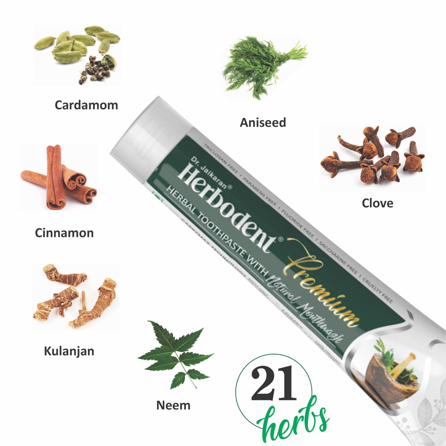 Herbodent® Premium Toothpaste - 21 Herbs for Strong Teeth & Healthy Gums - Neem, Clove, Cinnamon, Cardamom with Natural Mouthwash - No Paraben, No Fluoride, No Saccharin, No Triclosan (2, 5.82 Ounces)