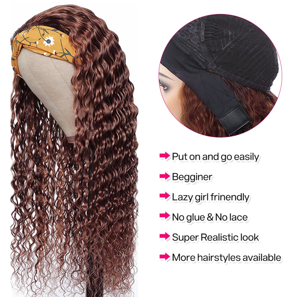 YiweYowe 26 Inch #4 Brown Water Wave Headband Wig Human Hair 150% Density Brazilian Human Hair No Lace Wig Chocolate Brown Human Hair Full Head Machine Made Half Headband Wigs