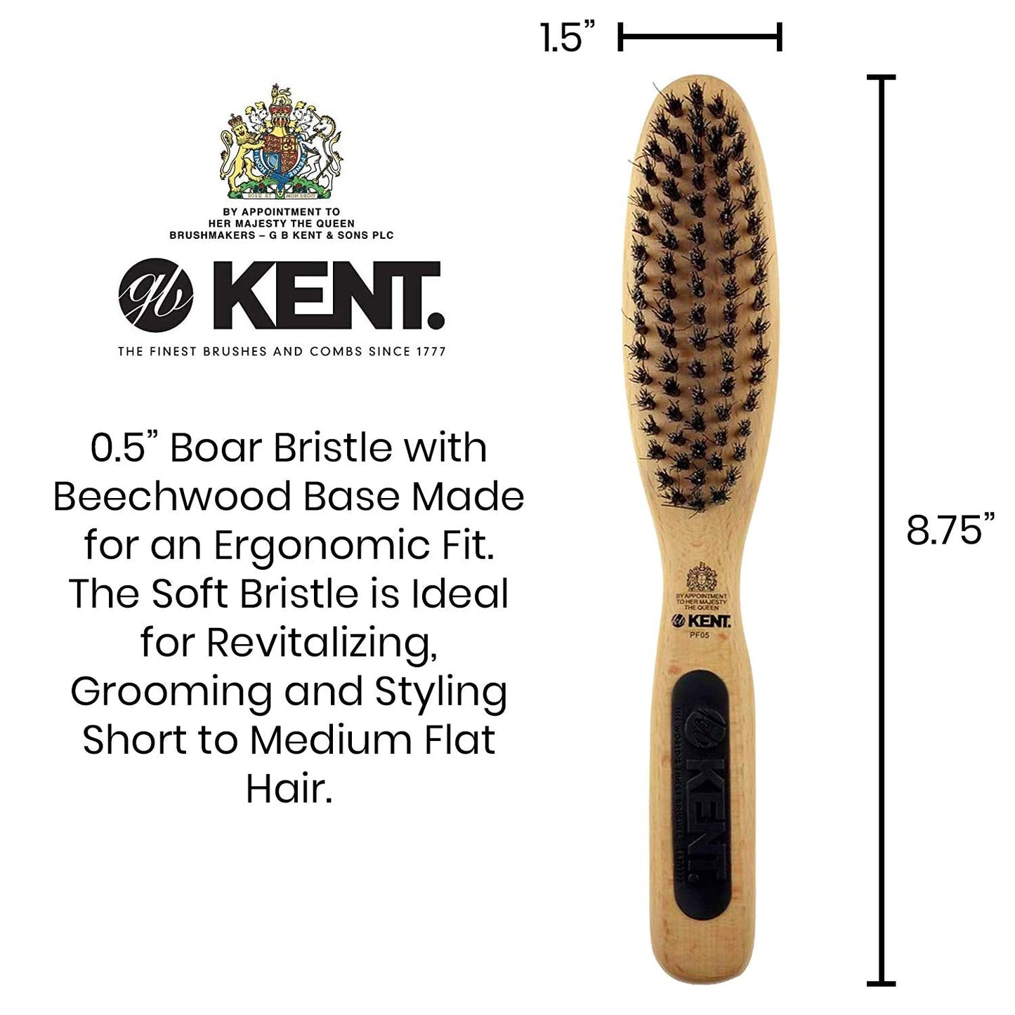 Kent PF05 Narrow Oval Hair Brush, Pure Boar Bristle and Wood for Shaping, Straightening and Grooming Brush for Revitalizing Short to Medium Length