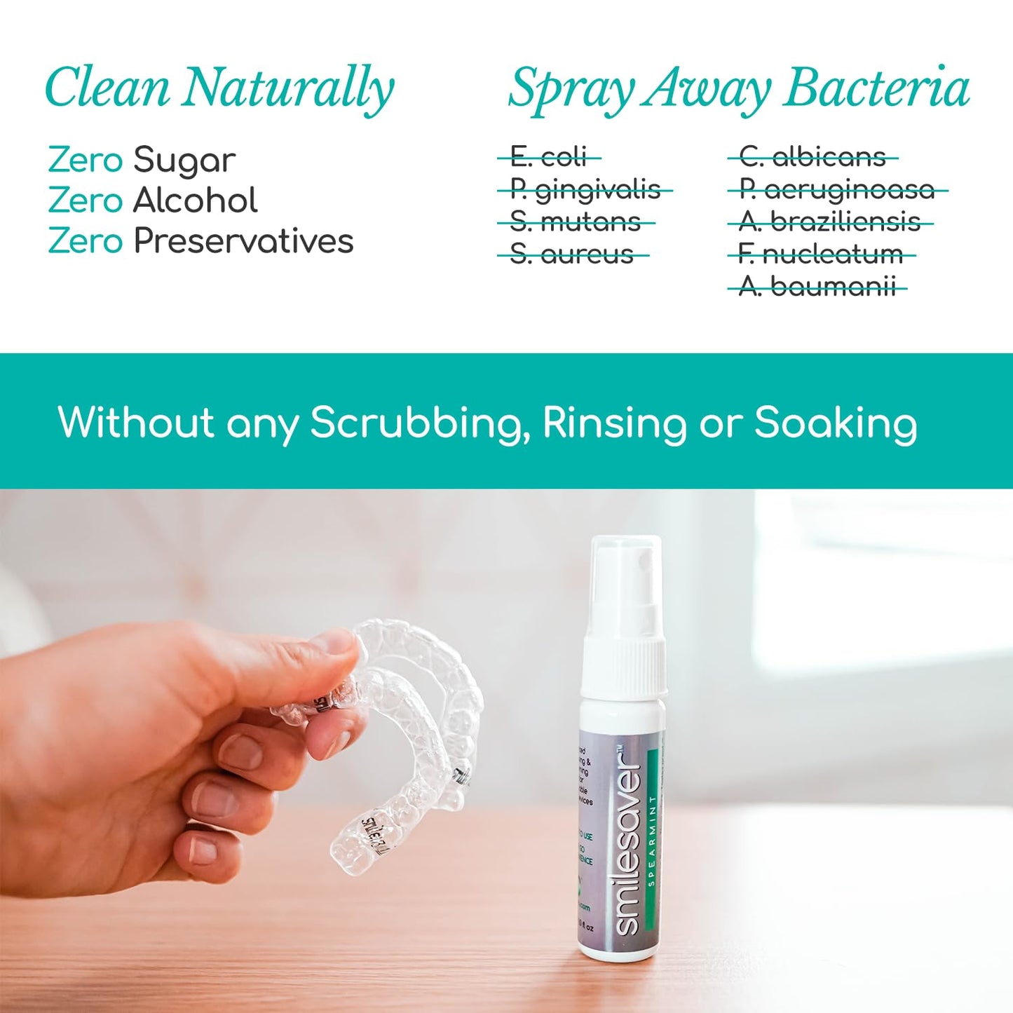 Smilesaver Retainer Cleaner Spray – Invisalign, Mouth Guard, and Denture Cleaner – Quick Oral Care for Aligner & Retainer Hygiene – Natural, Portable & Minty Fresh Oral Care Products (1oz)