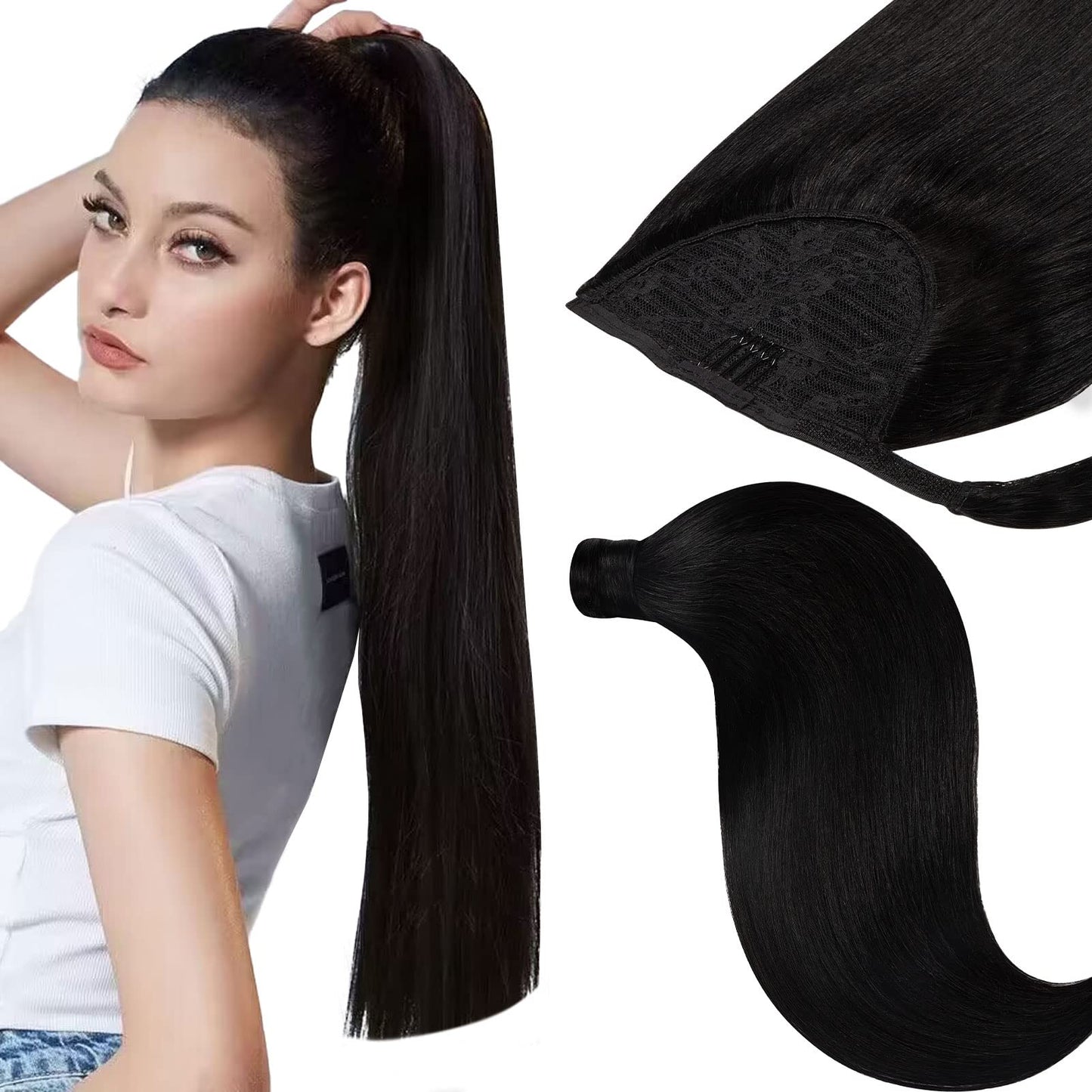 Loxxy Pony Tails Hair Extensions Wrap Around Black Ponytail Extension Natural Silky Straight Ponytail Clip in Hair Extensions Hairpiece Virgin 80g 18 Inch Off Black