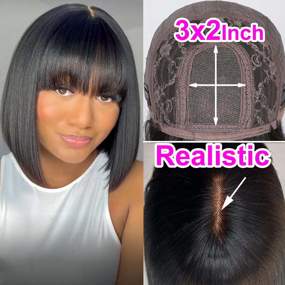 Natural Straight Bob Wig With Bangs Human Hair, Wear and Go 3X2 HD Lace Glueless Human Hair Bob Wigs With Bangs For Women 180% Density Medium Length Black Bob Wigs With Bangs (14 Inch, Natural Black)