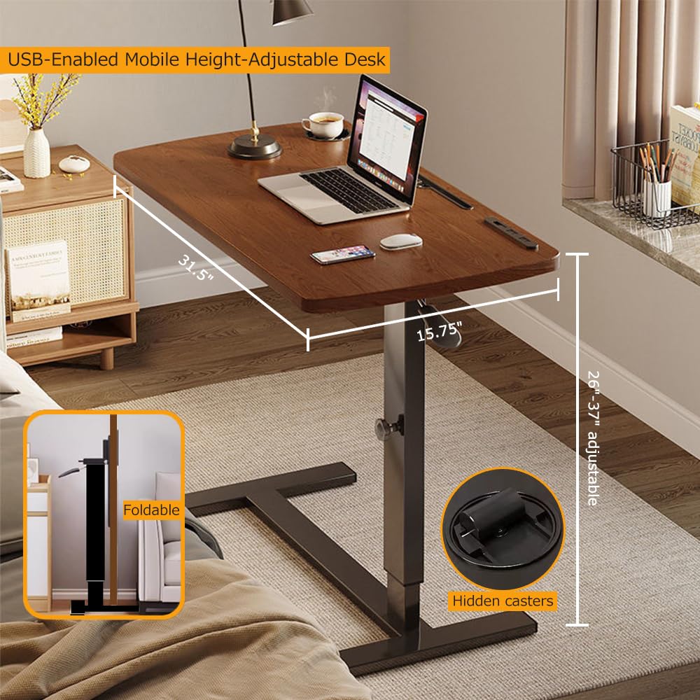 Over Bed Table Pneumatic Adjustable Height Stand Desk with Hidden Casters Foldable Mobile Laptop Computer Standing Desk with USB Ports Pad