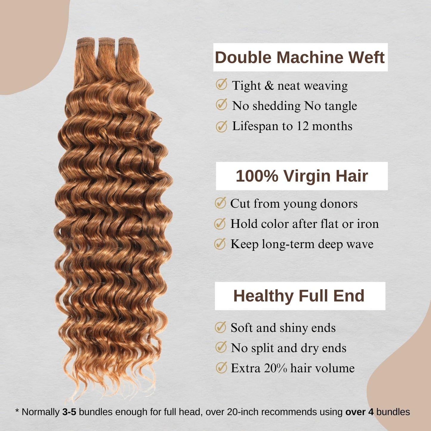 MOMOSHERO Deep Wave Human Hair Bundles Color 30 Light Auburn Curly 3 Bundles Human Hair 12 14 16 Inch, 100% Unprocessed 10A Virgin Remy Bouncy Wholesale Hair Brown Curly Sew In Hair Bundles Human Hair