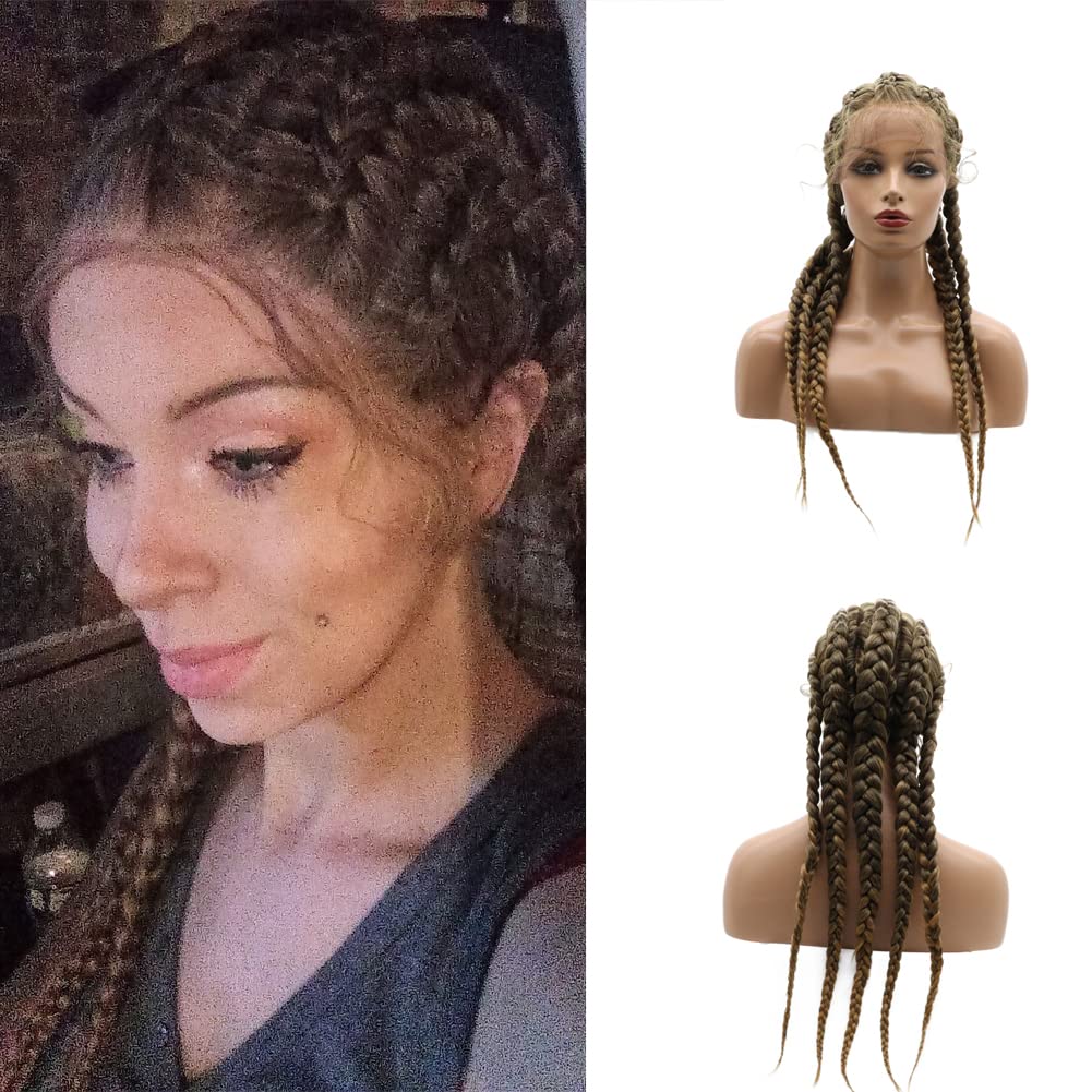 Kalisa Brown Mix Blonde 5 Twist Lace Front Braid Wig Mix Color with Baby Hair Synthetic Wigs Hand Tied Heat Resistant Fiber 5 Braided Daily Wigs for Women 24 Inch