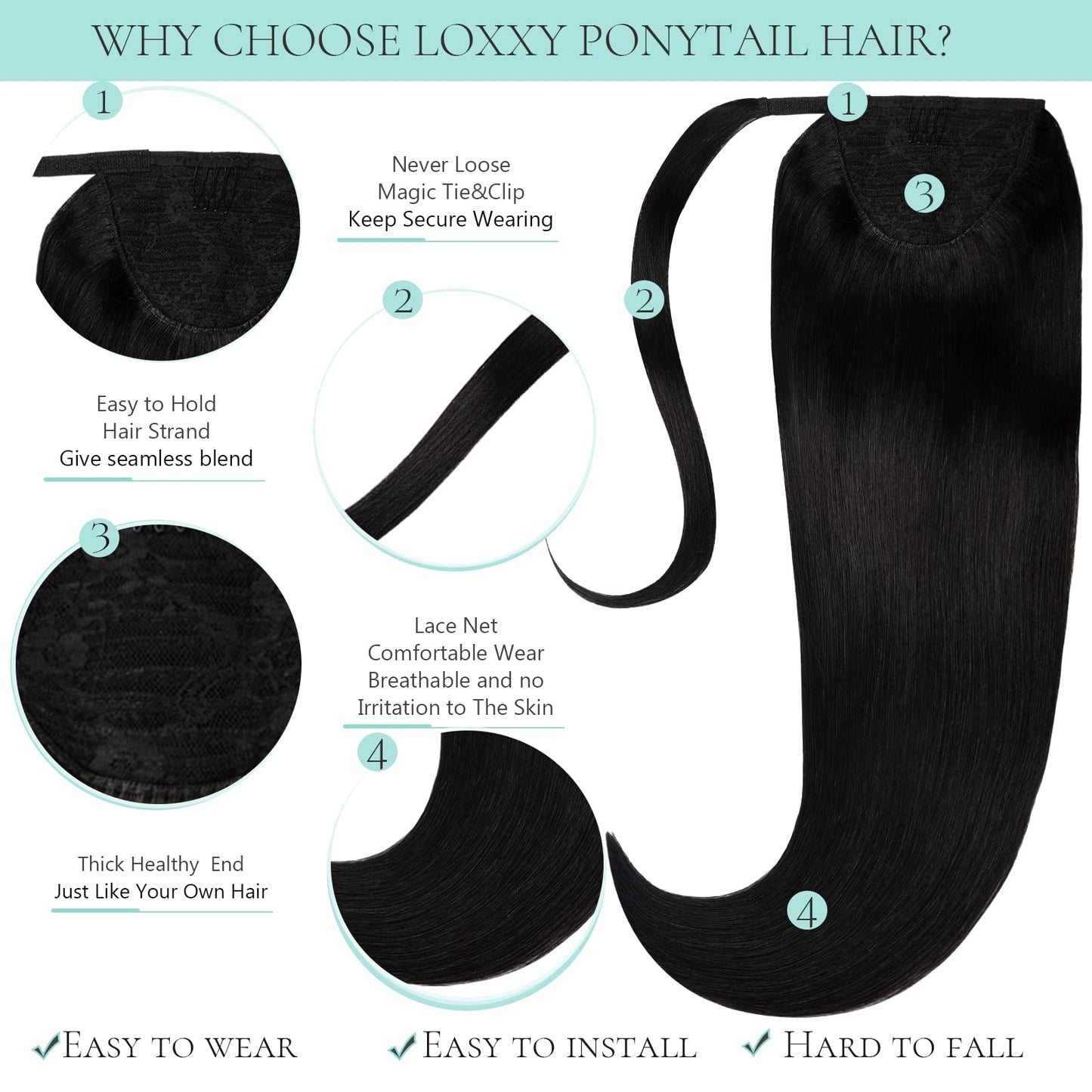 Loxxy Pony Tails Hair Extensions Wrap Around Black Ponytail Extension Natural Silky Straight Ponytail Clip in Hair Extensions Hairpiece Virgin 80g 18 Inch Off Black