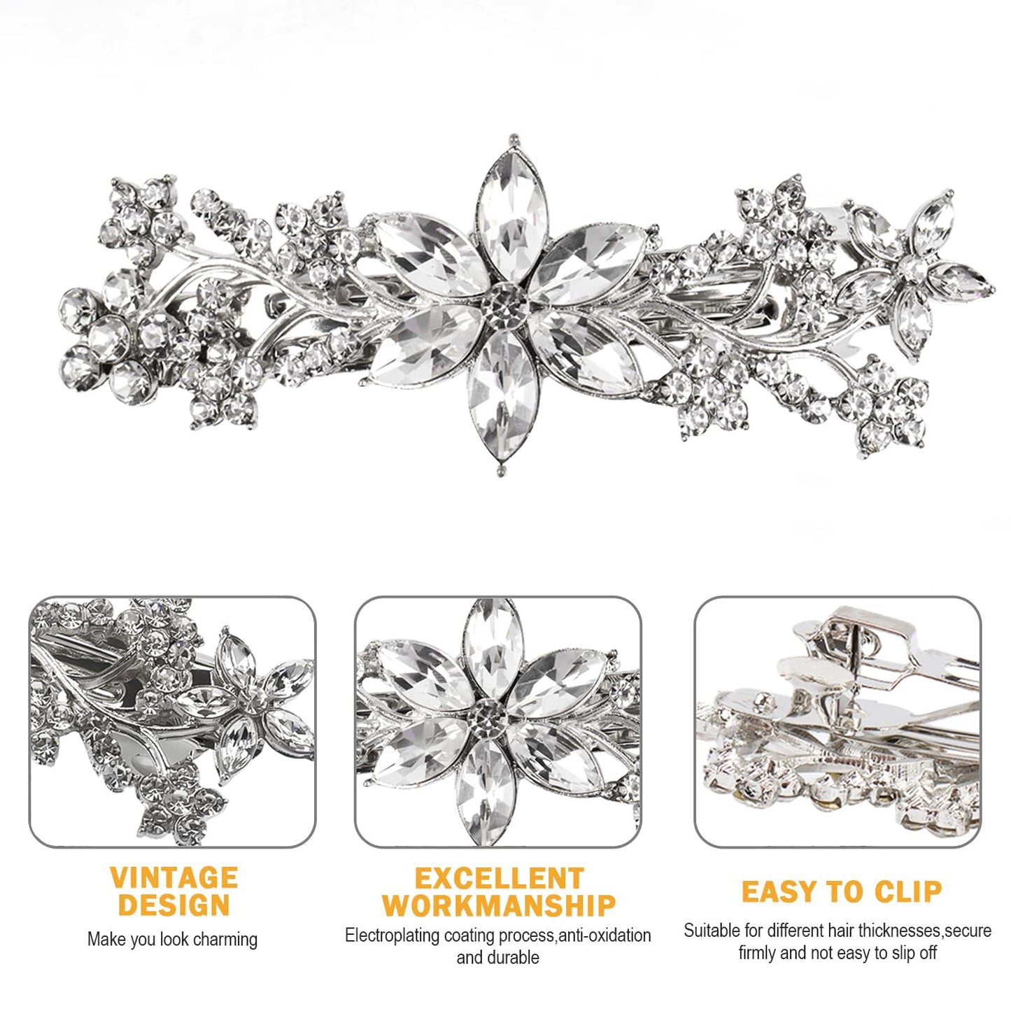 Crystal Hair Barrettes, White Rhinestone Flower Hairpins Hair Clips, Sparkly Austrian Hairgrip Hair Headwear Accessories for Women Girls