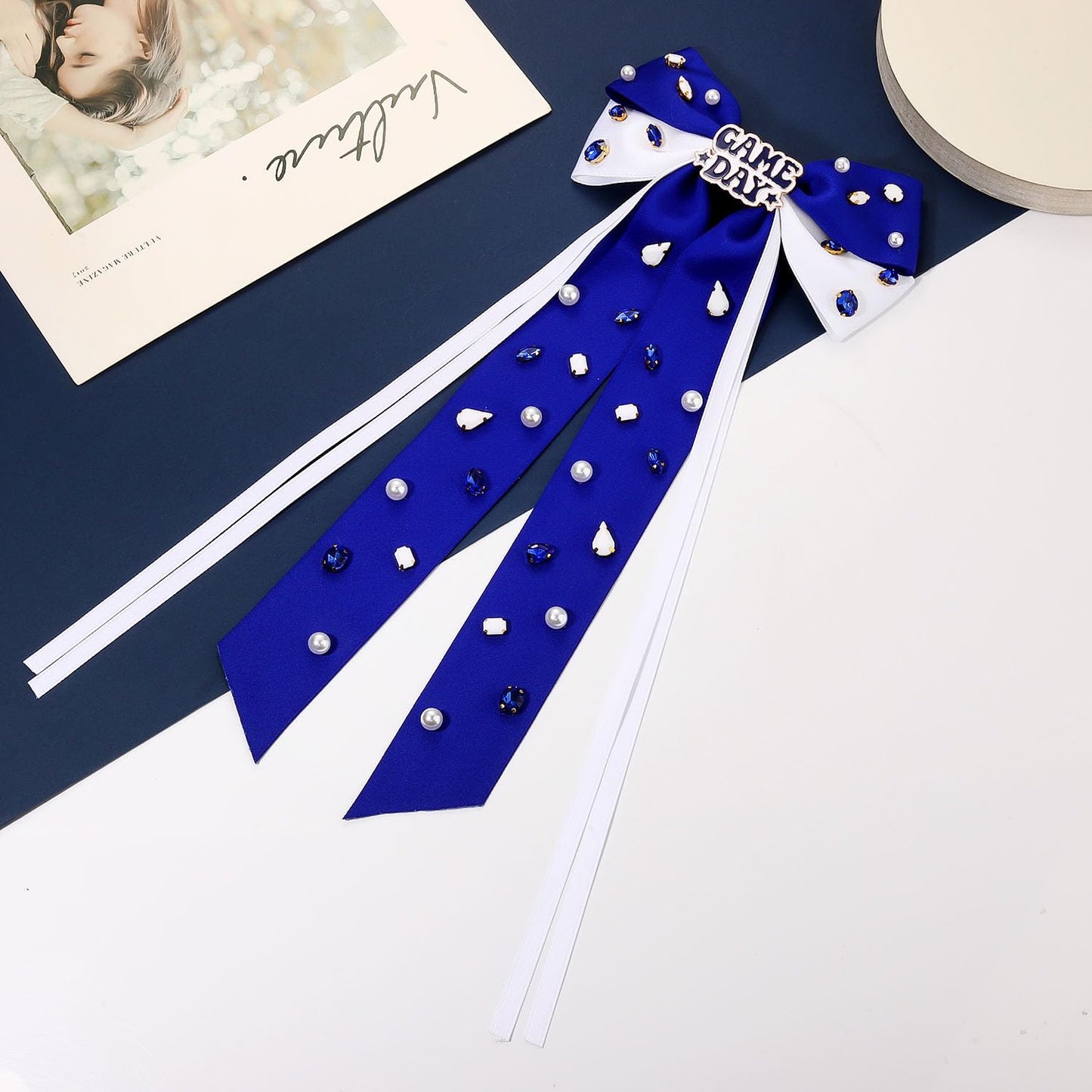 Game Day Hair Bows Accessories for Women Jeweled Football Hair Bow Clips Large Hair Ribbons Blue Spirit Day Accessories Game Day Outfits Sports Team Spirit Football Mom Accessories Gifts (Pattern B3)