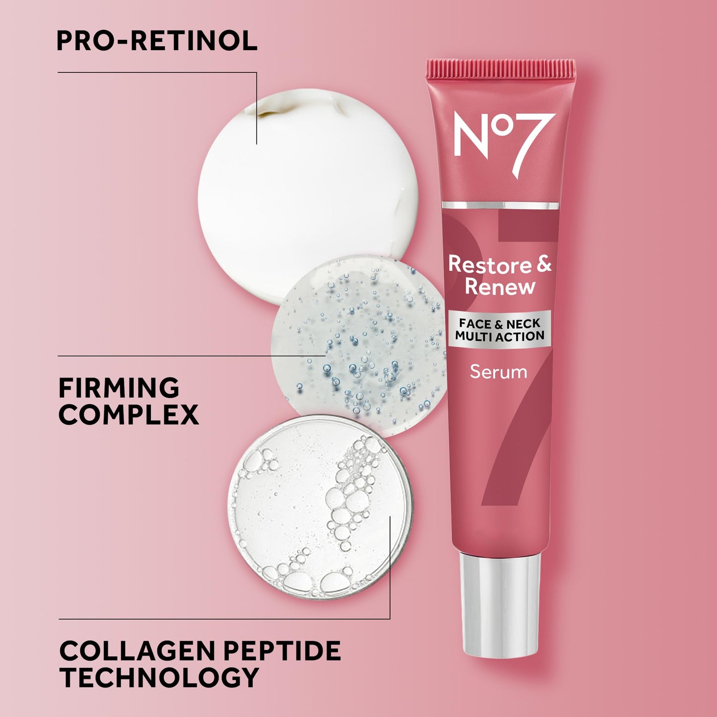 No7 Restore & Renew Multi-Action Face & Neck Serum - Anti Aging Serum for Deep Wrinkle Repair - Collagen Infused Face Serum with a Hydrating Blend of Hibiscus Peptides & Hyaluronic Acid (2.5 Fl Oz)