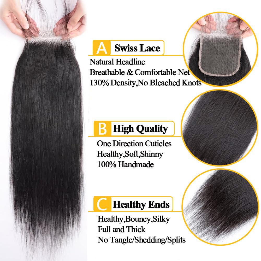 QTHAIR 14A Brazilian Straight Hair 3 Bundles with Transparent HD Lace Closure(12" 14" 14" with 10") Brazilian Straight Virgin Hair Weave 100% Unprocessed Brazilian Hair Straight Human Hair Weave