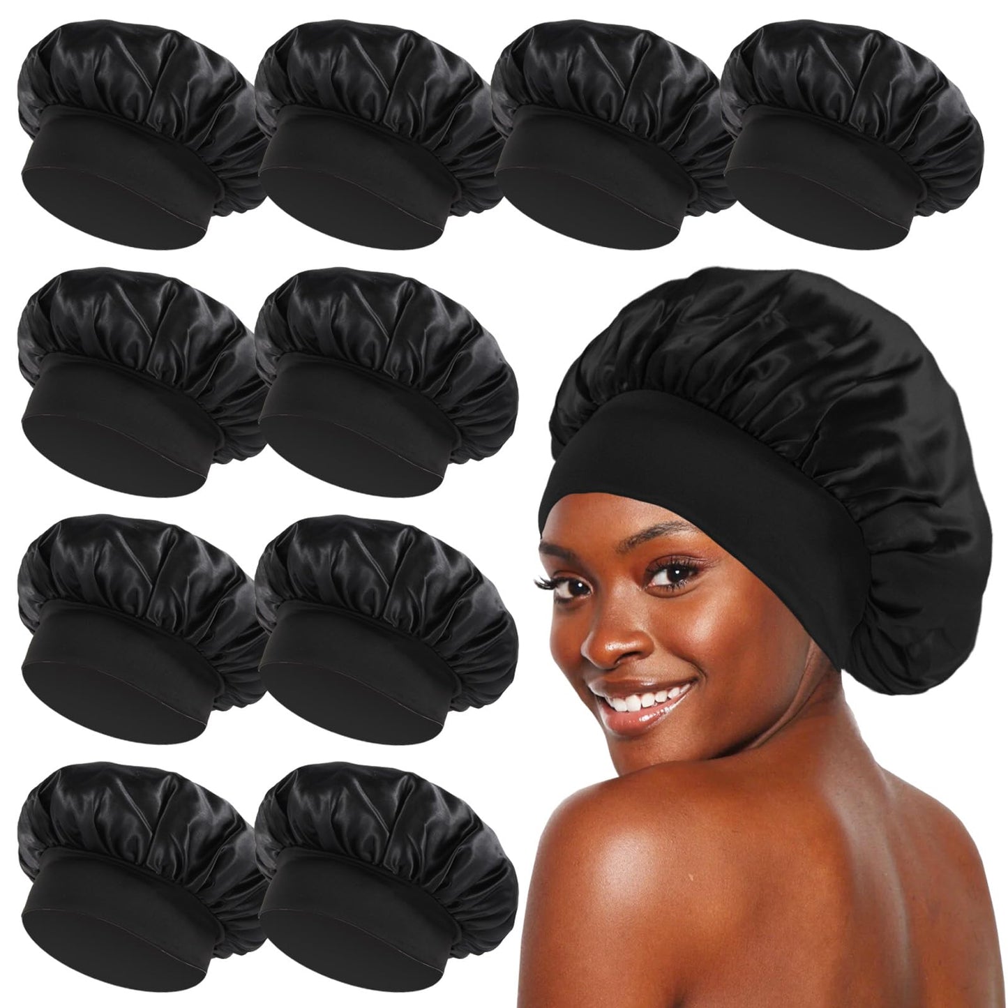 KEPUWAY 10 Pcs Bonnet for Sleeping, Superior Silky Satin Bonnet Hair with Elastic Wide Band for Women(Designed for Black Fans)