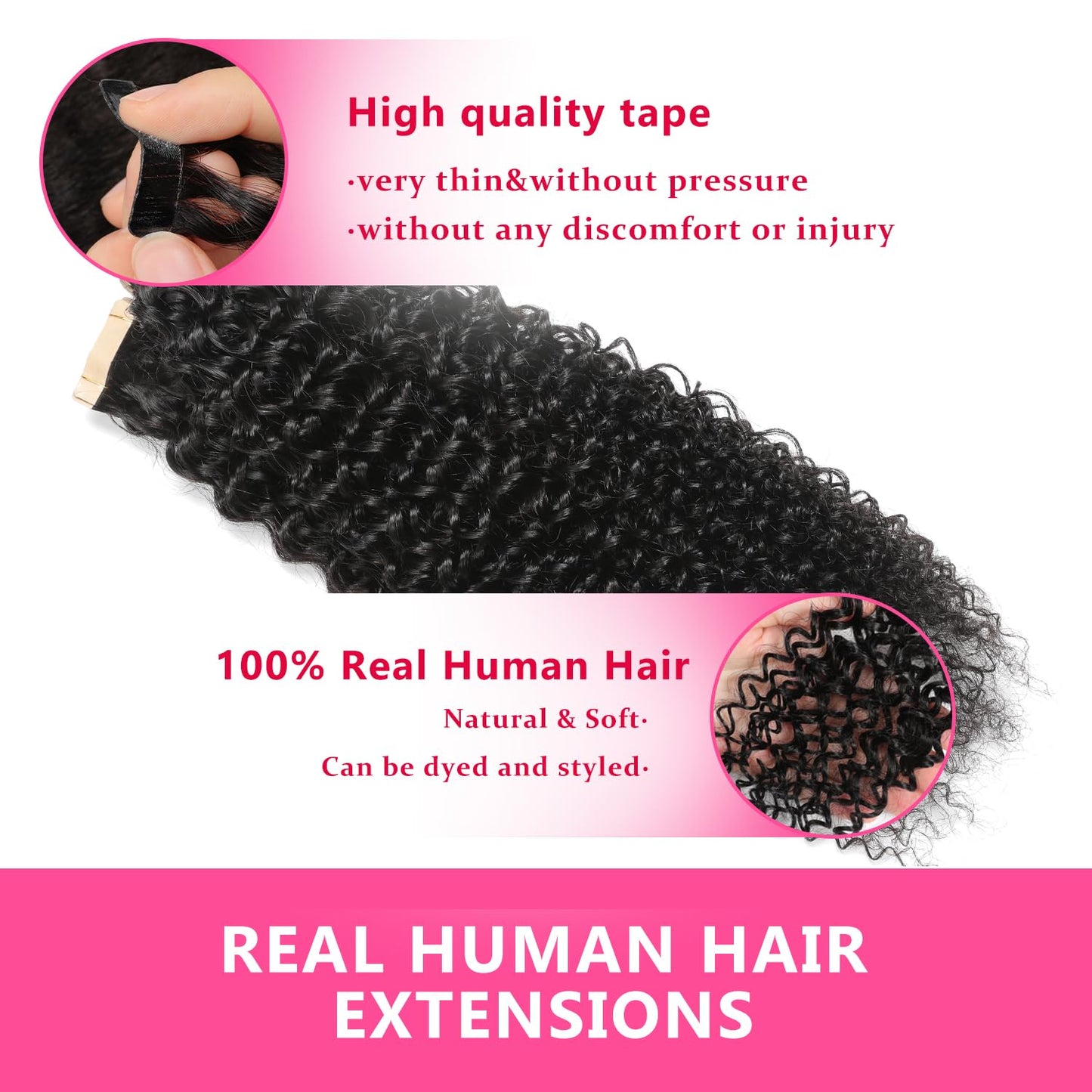 Kinky Curly Tape in Hair Extensions Human Hair 20pcs 14 Inch Tape in Hair Extensions Real Human Hair Tape in Extensions for Black Women Invisible Double Sided Tape Ins Natural Hair