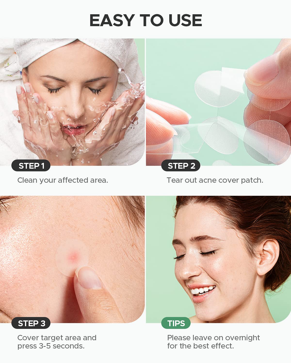 ZATKTK Acne Pimple Patch (180 Counts 4 Sizes), Invisible Hydrocolloid Acne Patch with Tea Tree Oil & Calendula Oil, Acne Spot Patch Zit Patches for Face