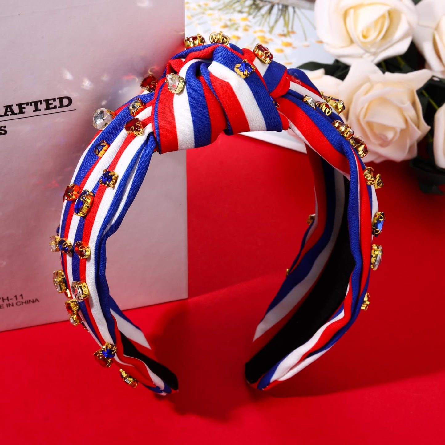 MOLOCH American Flag Headband 4th of July Headband Red White Blue USA Stripe Knotted Headband for Women Rhinestone Crystal Patriotic Hairband Party Hair Accessory