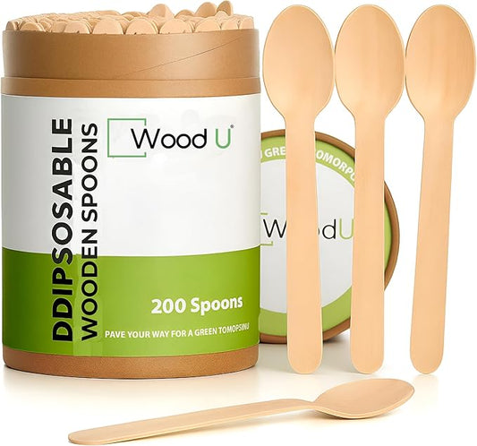 Disposable Wooden Spoons by WoodU | 100% All-Natural, Eco-Friendly, Biodegradable, and Compostable - Pack of 200-6.5" Spoon